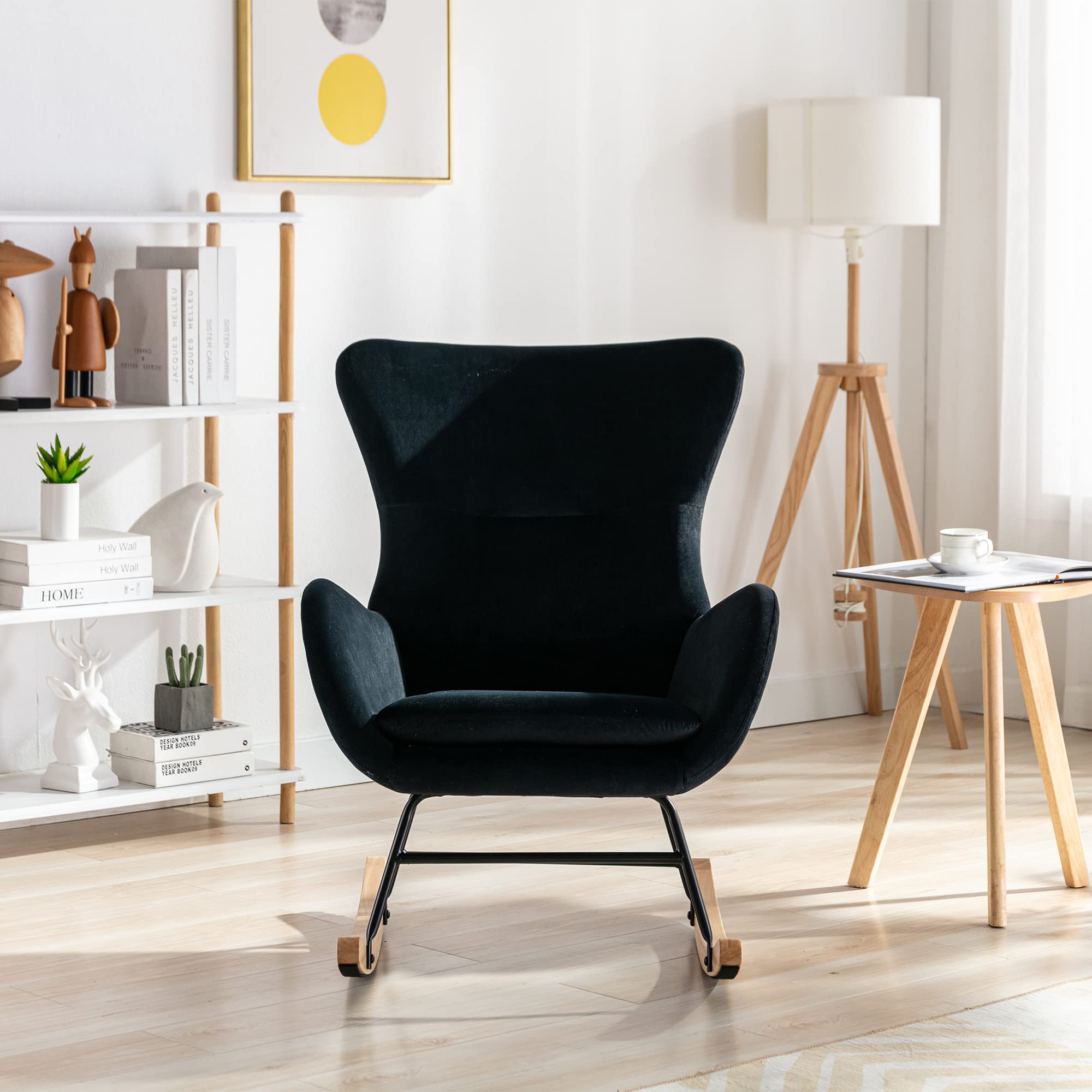 Modern Velvet Rocking Chair with High Backrest & Armrests - Padded Nursery Rocker for Living Room, Bedroom, Balcony - Comfortable Accent Chair for Adults & Kids (Black) | Perfect for Nursing, Reading & Relaxing