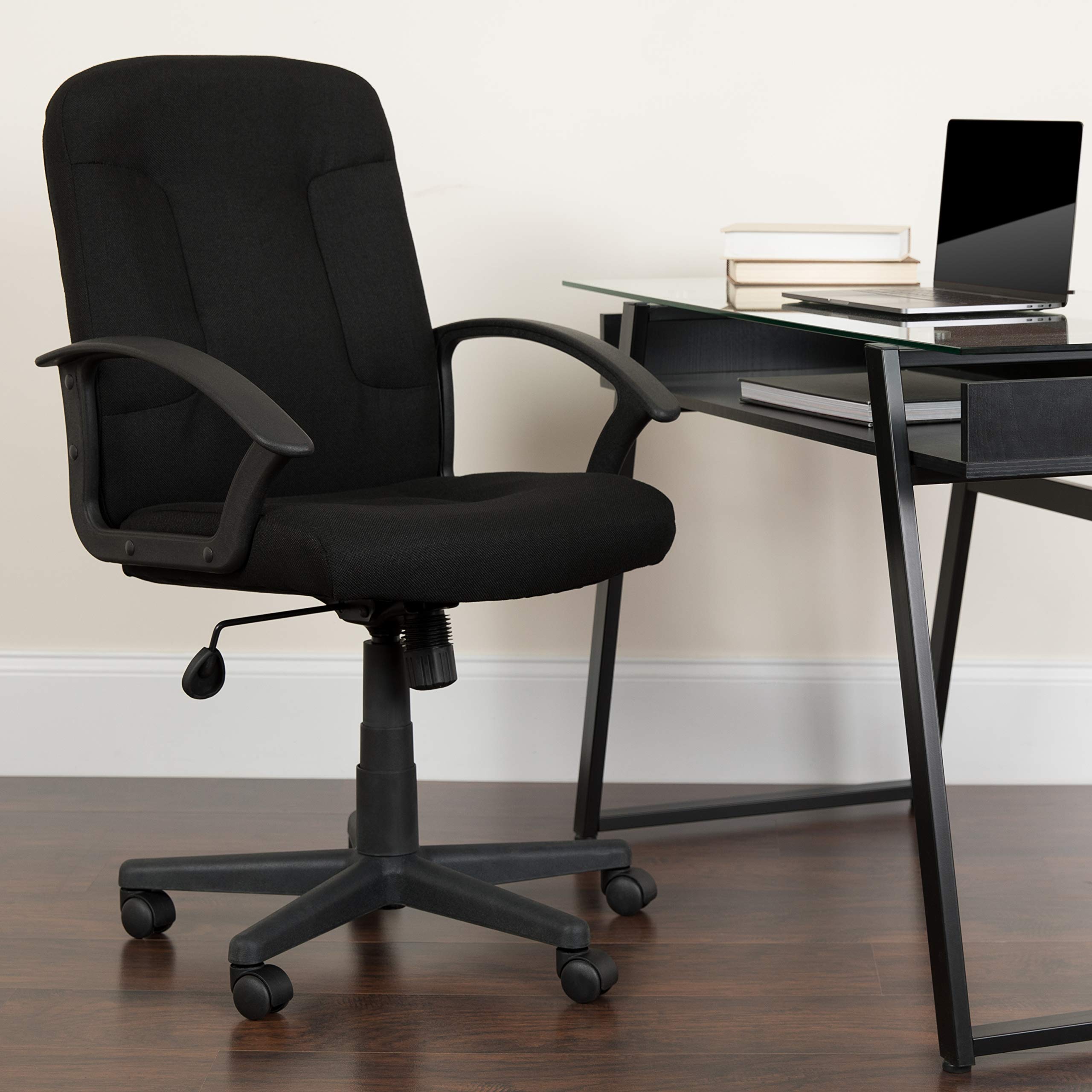 Premium Mid-Back Black Fabric Executive Swivel Office Chair with Nylon Arms - Ergonomic Desk Chair for Home Office, Conference Room & Business Workspace