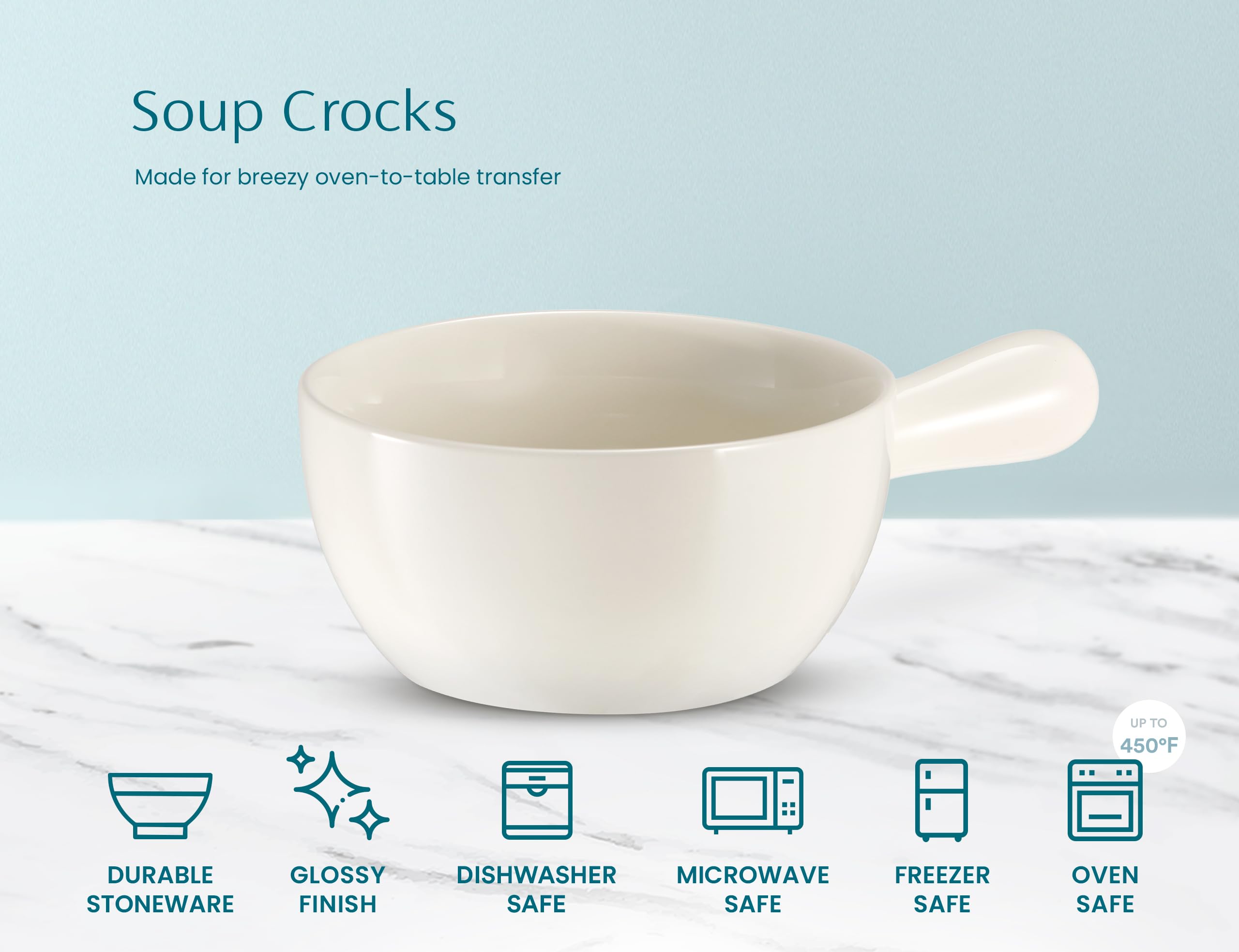 KooK French Onion Soup Crocks Set of 4 - 24oz Stackable Ceramic Bowls with Handles, Oven Safe, Microwave & Dishwasher Safe Stoneware - Perfect for Soups, Cereal, Casseroles, Baking & Serving - Elegant White Dinnerware for Restaurants & Home Dining