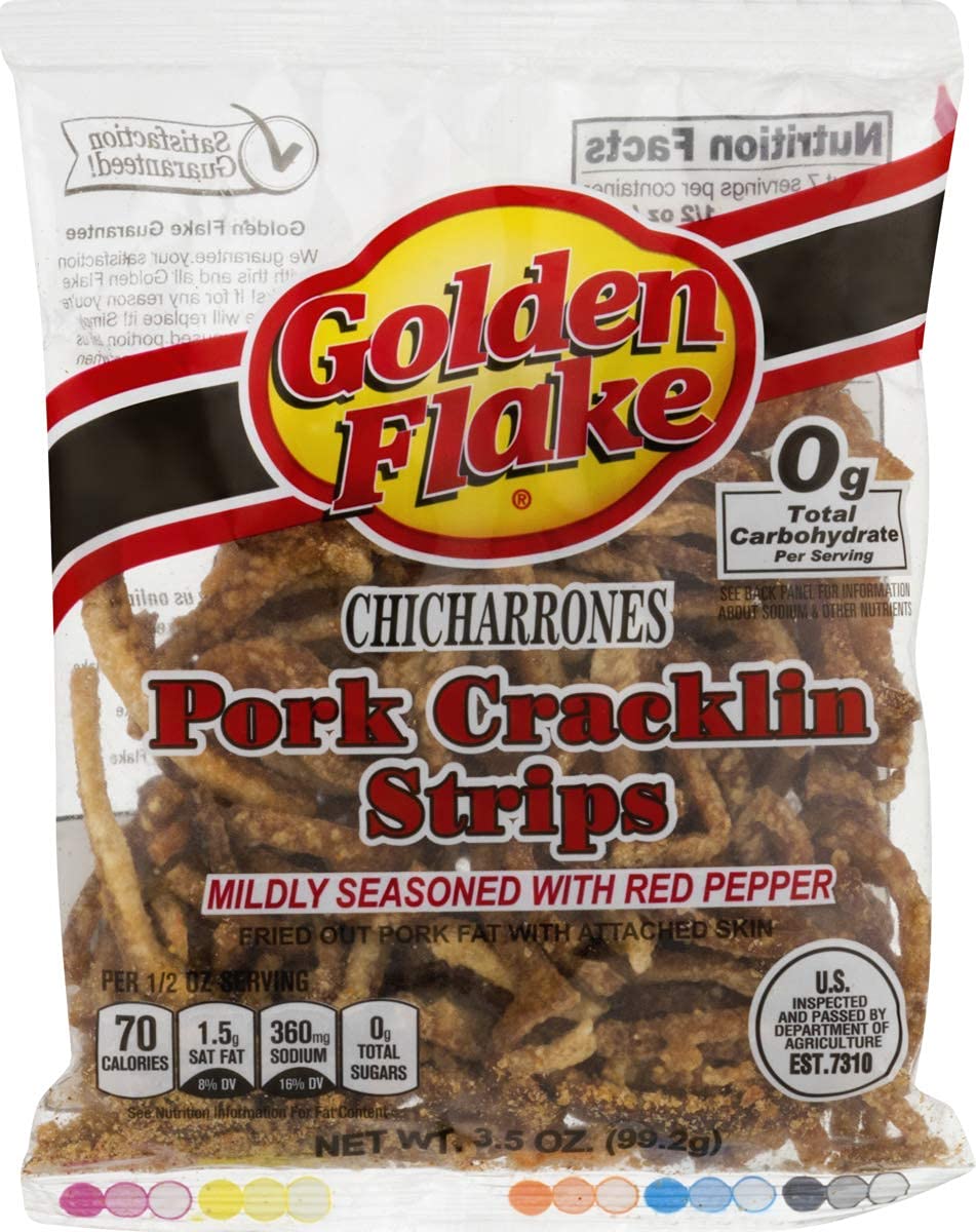 Golden Flake Fried Pork Cracklin Strips - Mildly Seasoned with Red Pepper - 3.25 oz. Bags (Pack of 3) | Crunchy Snack for Parties, Road Trips & Keto Diet | Gluten-Free Pork Rinds for Low-Carb Lifestyle
