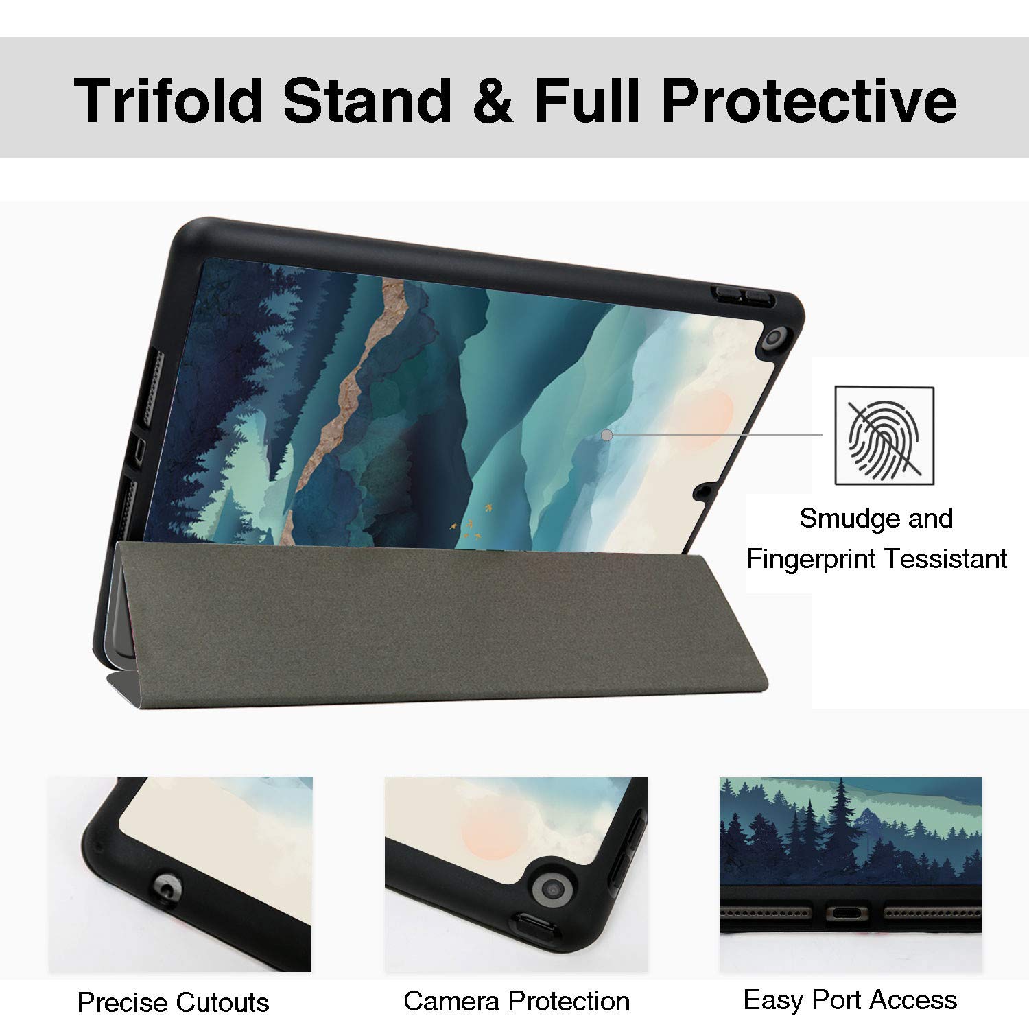 HiSpace iPad 9th/8th/7th Generation Case (10.2 inch 2021/2020/2019 Models) - Teal Mountain Watercolor Design with Pencil Holder, Shockproof Protective Cover Featuring Auto Sleep/Wake for iPad A2270 A2428 A2429 A2197 - Perfect for School, Work & Travel