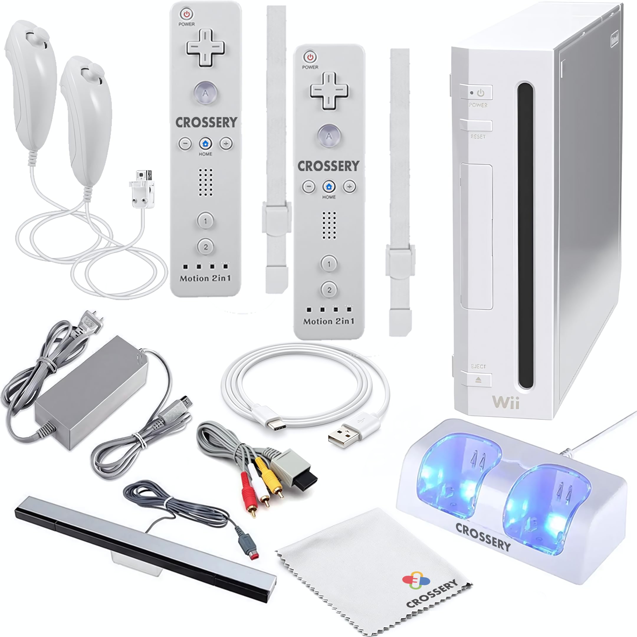 Nintendo Wii Console Bundle - White Wii System with 2 Motion Controllers & Nunchuks, Charging Dock, Rechargeable Batteries & Sensor Bar (Renewed) - Perfect for Family Game Nights & Party Entertainment