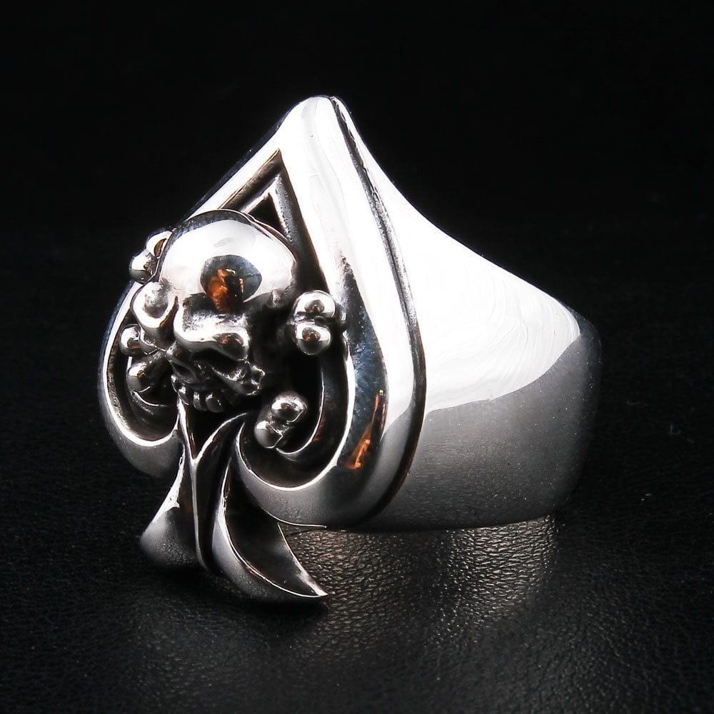 Skull Crossbones Spade Sterling Silver Biker Ring for Men - Gothic Punk Jewelry for Motorcycle Riders & Rock Music Fans - Perfect for Biker Gangs, Concerts & Edgy Fashion