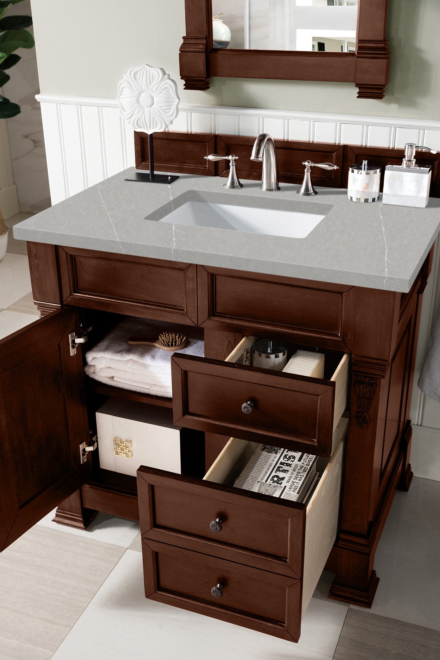 Brookfield 36 Inch Single Bathroom Vanity with Warm Cherry Finish & 3CM Eternal Serena Quartz Countertop - Perfect for Modern Master Bathrooms & Guest Suites