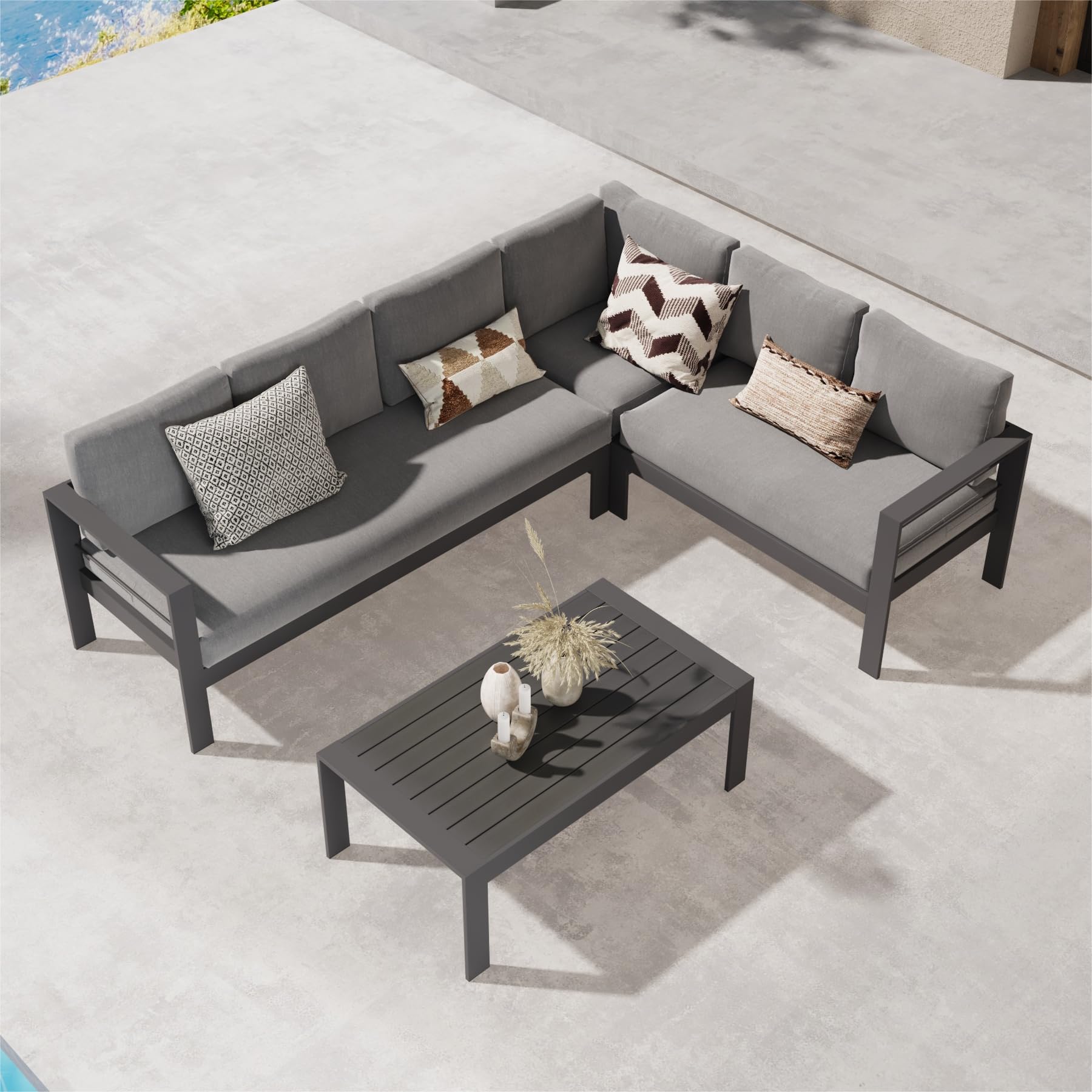 Wisteria Lane Outdoor Patio Furniture Set - 6-Piece Aluminum Sectional Sofa with Coffee Table, All-Weather Metal Conversation Set & Dark Grey Cushions - Perfect for Backyard, Garden, Poolside & Deck Relaxation