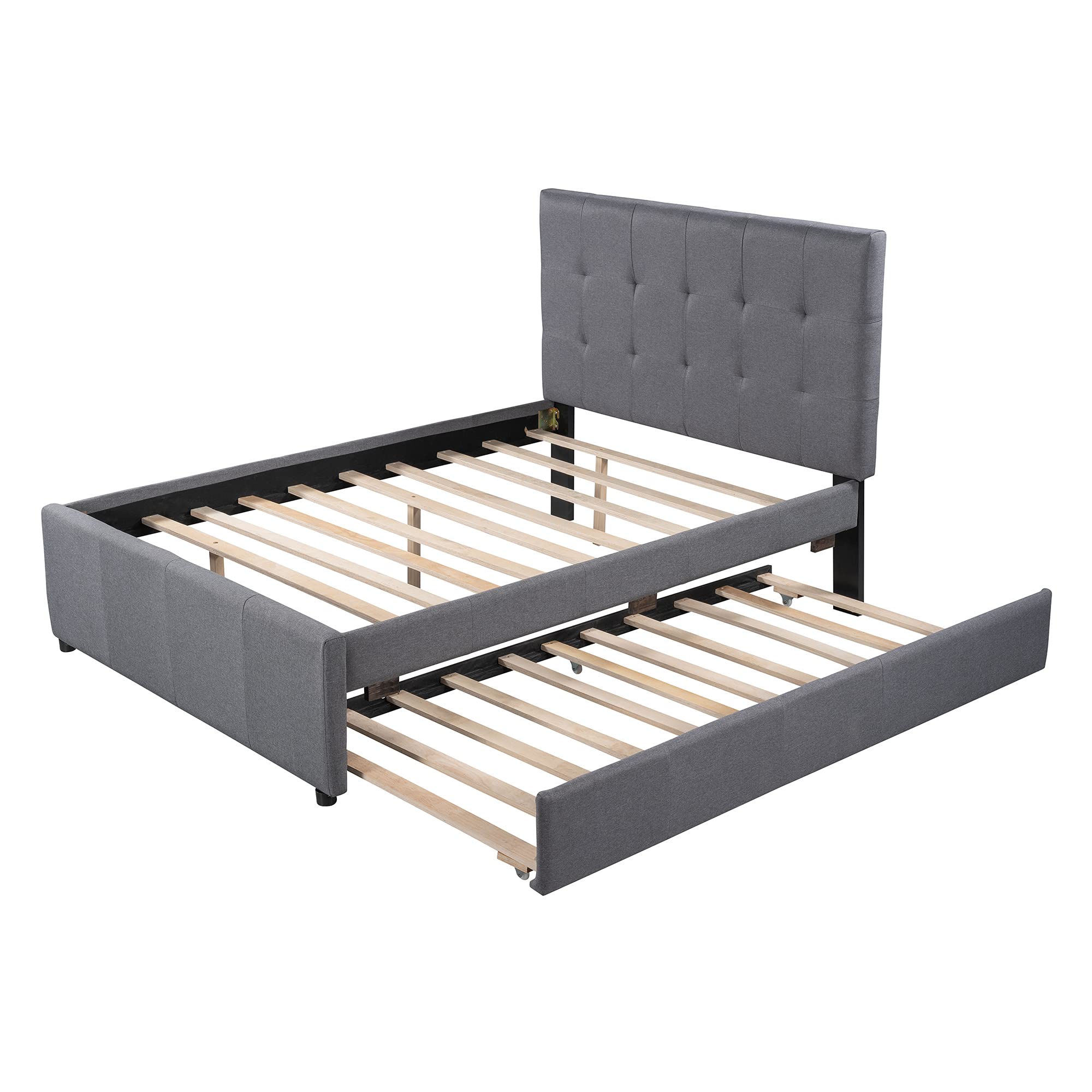 RUNNA Full Size Upholstered Platform Bed Frame with Trundle - No Box Spring Needed, Linen Fabric Headboard for Kids & Teens Bedroom - Perfect for Sleepovers, Small Spaces & Guest Rooms