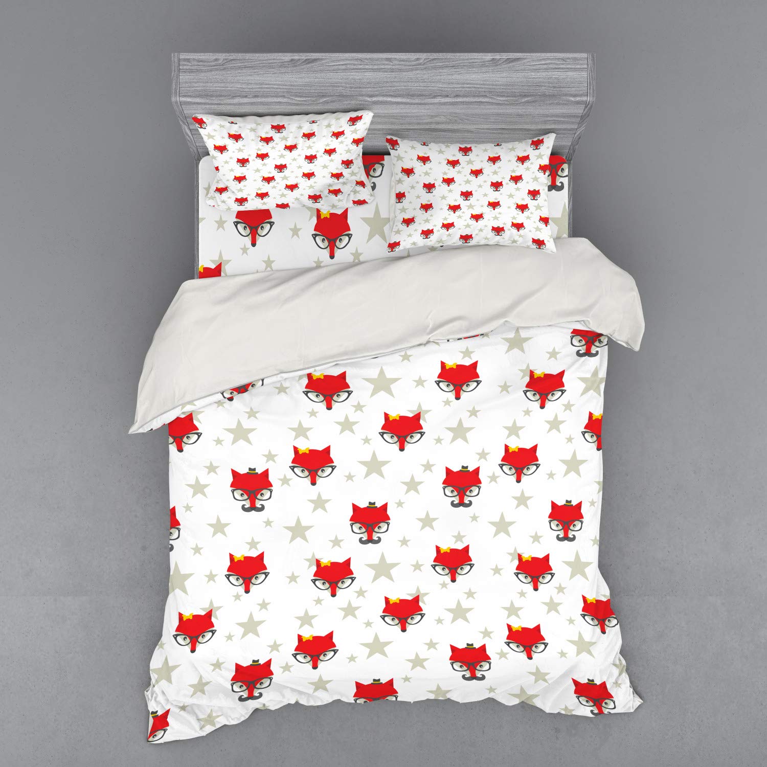 Ambesonne Cartoon Duvet Cover Set - Queen Size 3-Piece Bedding with Sham & Fitted Sheet, Hipster Foxes with Hats & Glasses on Stars Background, Funny Animal Print in Coconut Scarlet & Grey - Perfect for Kids' Rooms, Teen Bedrooms & Whimsical Home Decor