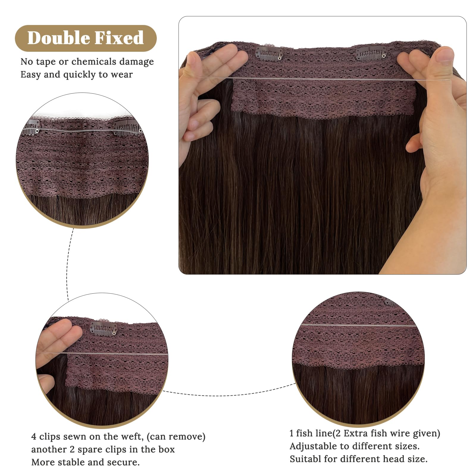 Premium 22 Inch Dark Brown Human Hair Extensions with Invisible Wire - 100g Real Human Hair Halo for Women | Perfect for Parties, Weddings & Everyday Styling