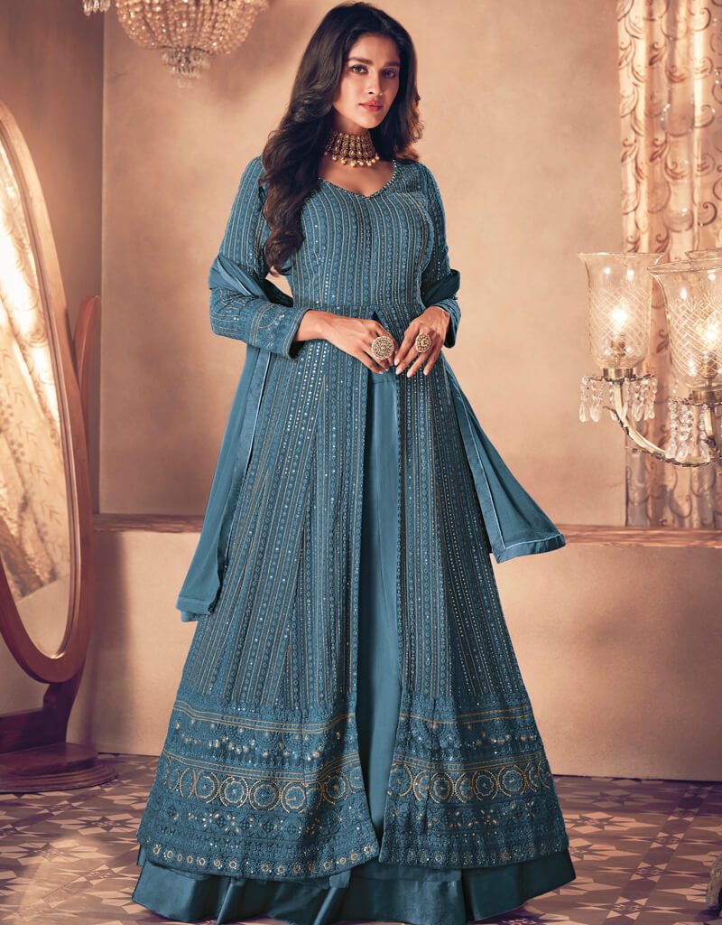 Elegant Blue Anarkali Style Dress in Premium Real Georgette Fabric for Women | Perfect for Weddings, Parties & Festive Occasions