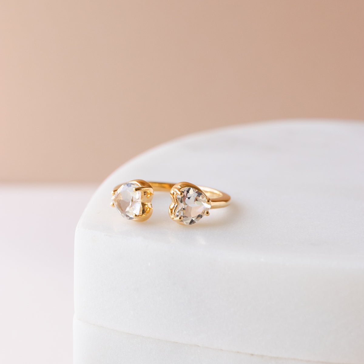 Love Duo Heart Ring - 14K Gold Plated White Topaz Jewelry for Women, Romantic Gift for Her, Anniversary & Valentine's Day Present
