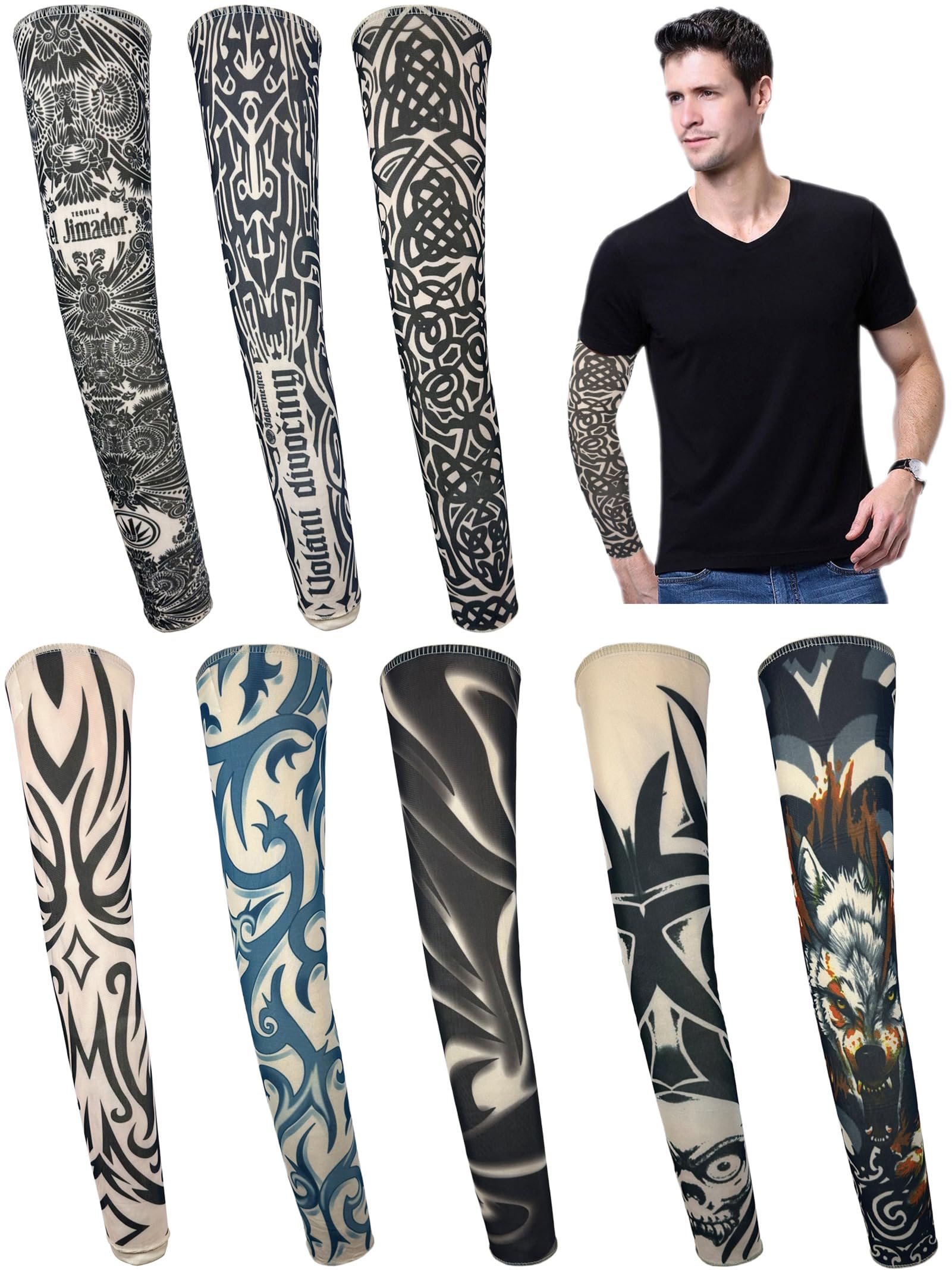 8 Pcs Fake Tattoo Sleeves for Men - UV Protection & Cooling Temporary Arm Tattoos (Buddha, Dragon, Flower, Monster, Tribal Designs) - Perfect for Halloween, Cosplay, Parties and Costume Events