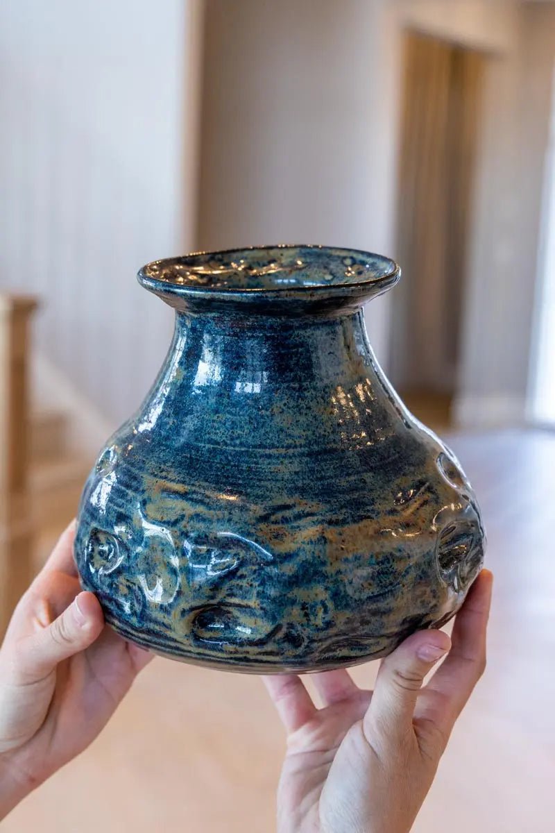 Large Hand Textured Decorative Stoneware Pot with Bumps & Antique Shaping - Unique Ceramic Planter for Home Decor, Garden, or Office - Perfect for Plants, Flowers, and Stylish Interior Design