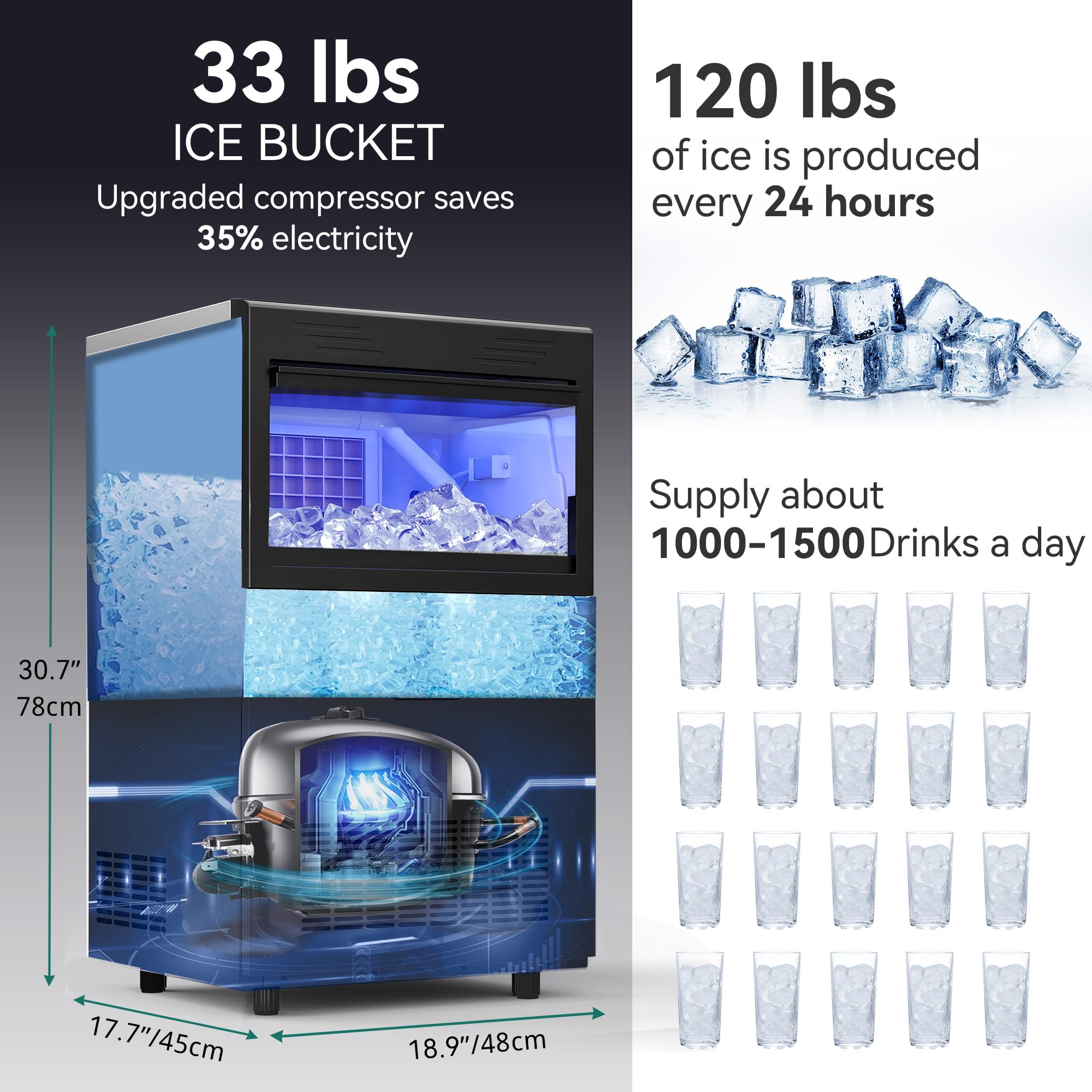 Commercial Ice Maker Machine 120LBS/24H with 33LBS Storage Bin - Under Counter Free Standing Ice Machine for Restaurants, Bars, Coffee Shops & Home Use - Perfect for Outdoor Events, Parties & Business Needs