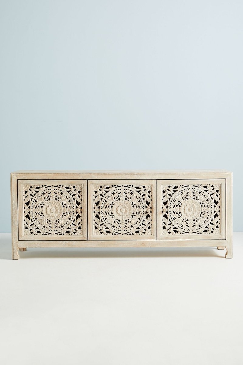 Hand Carved Lombok Media Console - Solid Wood Entertainment Center TV Stand | Handmade Wooden TV Unit for Living Room, Bedroom & Home Theater Setup