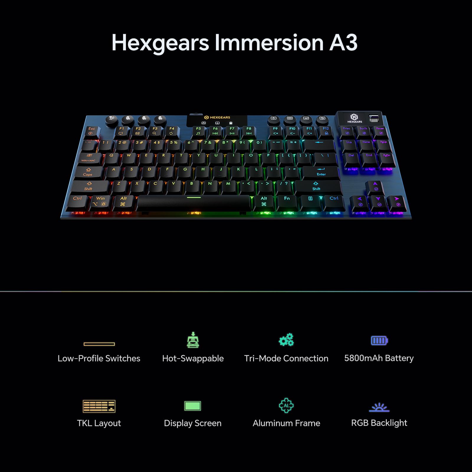 Hexgears Immersion A3 TKL Wireless Mechanical Gaming Keyboard - Bluetooth/2.4G/USB-C Connectivity, Low-Profile Switches, 16.8M RGB Backlit, 5800mAh Battery, Hot-Swappable, Tactile Feedback - Perfect for Office Work, Gaming & Typing Enthusiasts