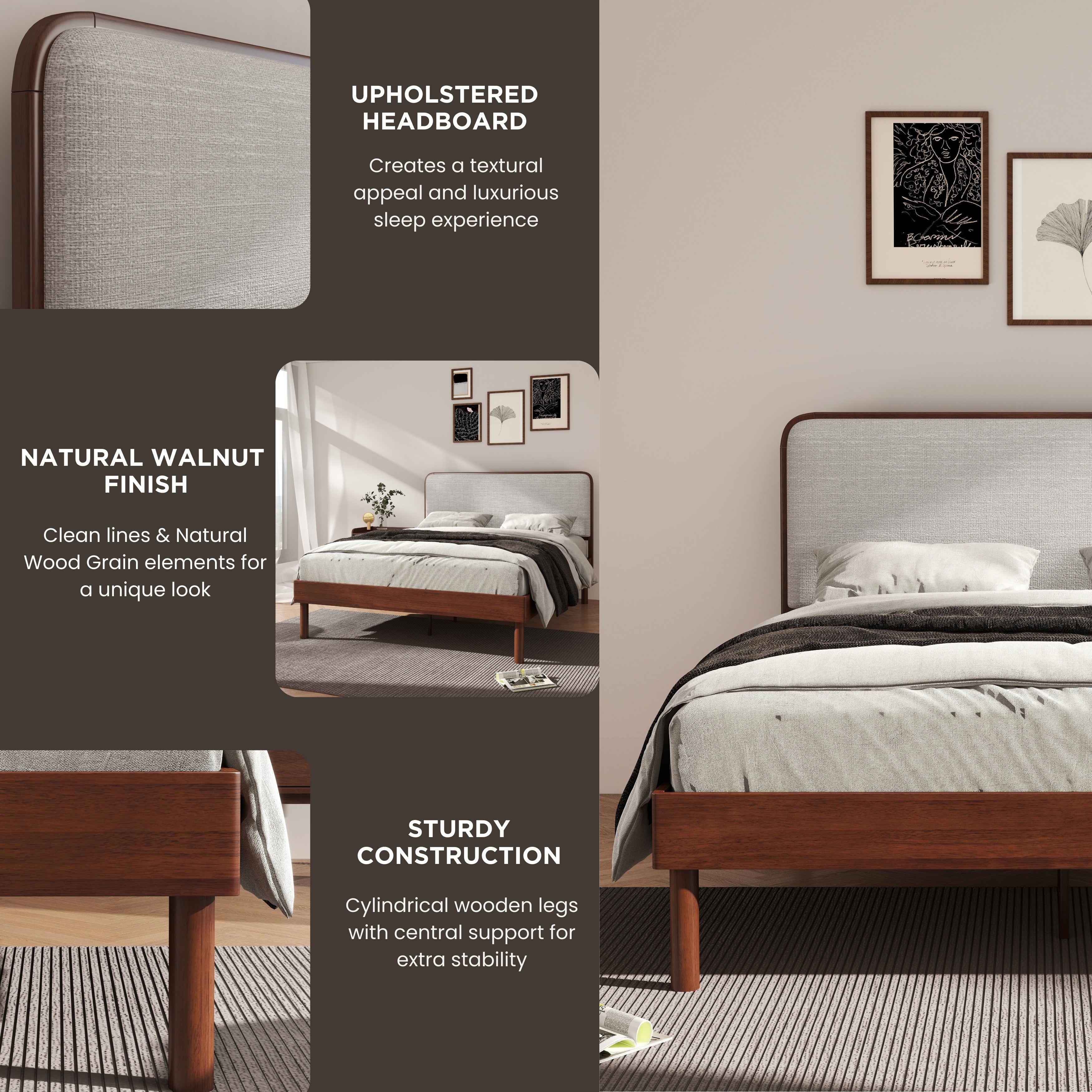 Roundhill Furniture Wyller 2-Piece Queen Bedroom Set - Platform Bed with Nightstand in Natural Walnut Finish | Perfect for Modern & Minimalist Bedroom Decor