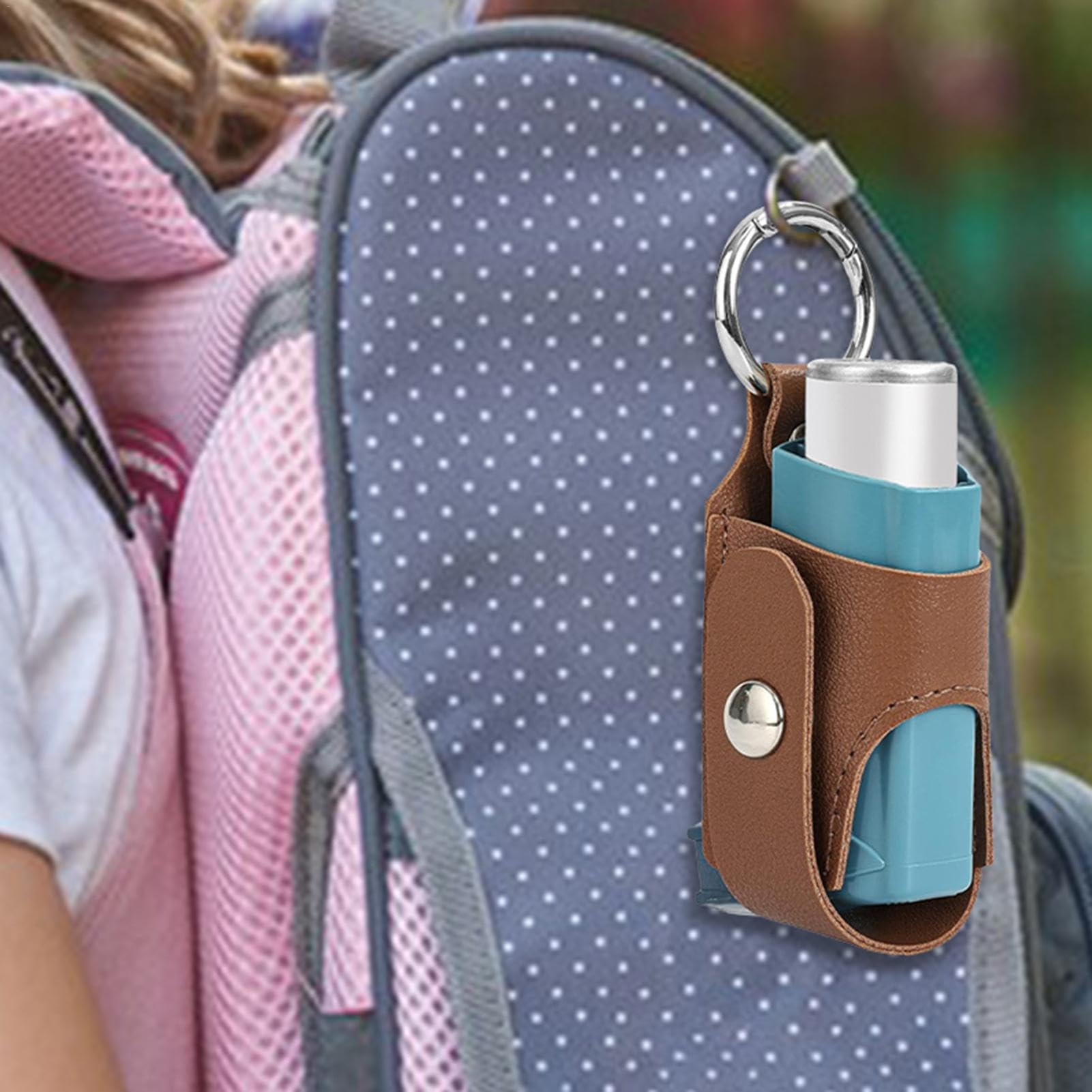 Portable Inhaler Holder Case - Keychain & Spacer Storage with Metal Buckle | Lightweight PU Leather Protective Cover for Asthma Inhalers | Perfect for Travel, School, Hiking & Daily Use (Brown)