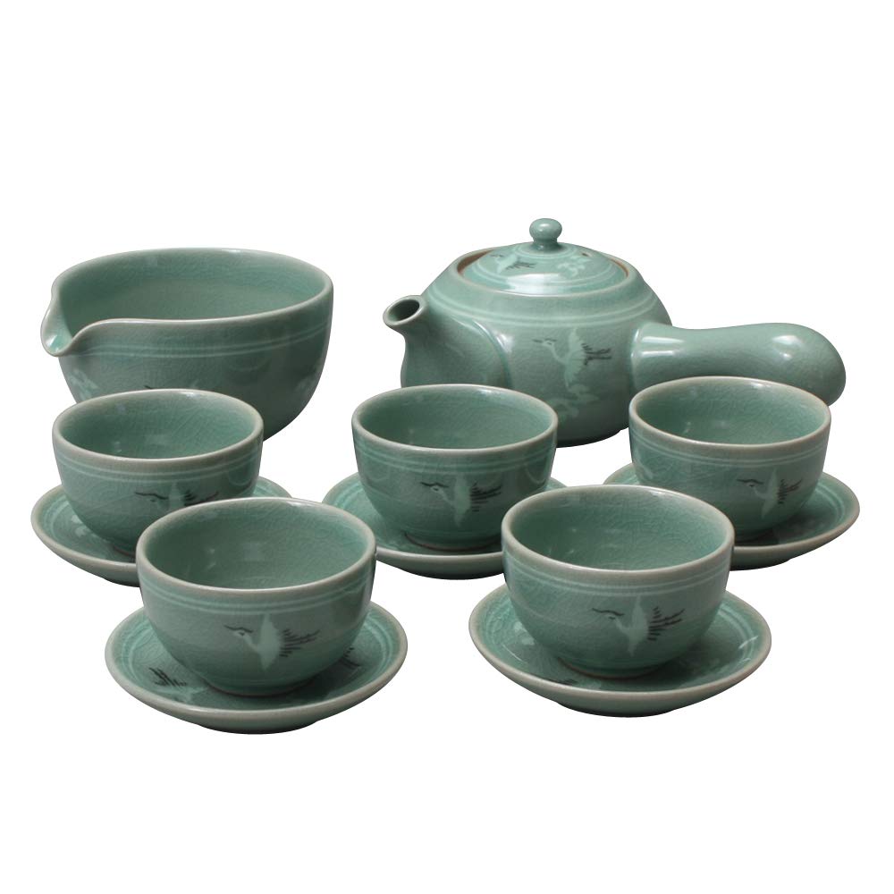 Korean Style Celadon Porcelain Tea Set - Crane & Cloud Design 11.8oz (350ml) Ceramic Teapot with Side Handle, Cups, Saucers & Cooling Pitcher - Complete Tea Ceremony Gift Set for Home, Office & Traditional Tea Parties