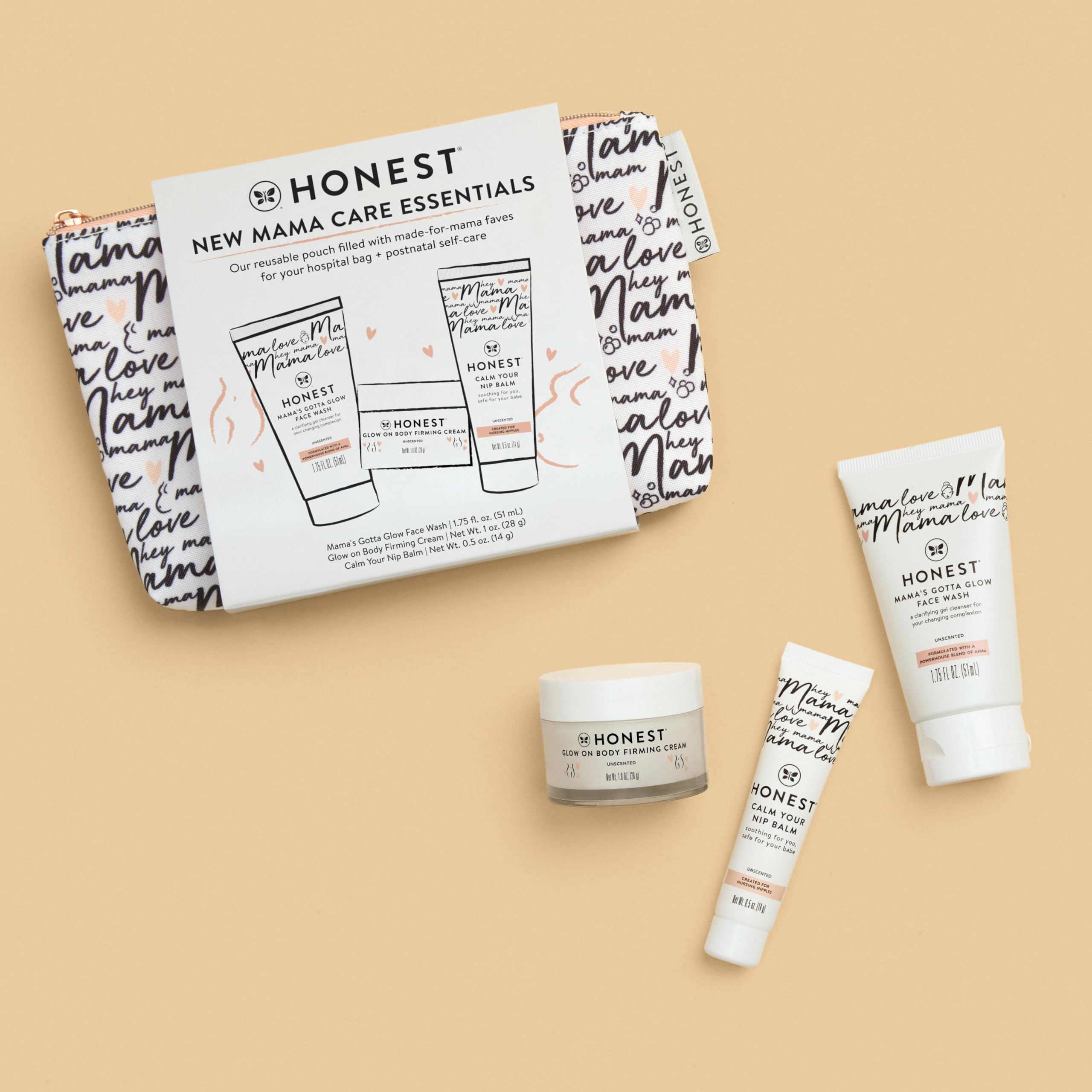 The Honest Company New Mama Care Essentials Gift Set - Organic Postpartum Must Haves for Hospital Bag & Travel | 0.5oz Nipple Balm, 1oz Body Cream, 1.75oz Face Wash with Reusable Pouch | Perfect New Mom Gift for Pregnancy, Baby Shower & Post-Delivery Recovery