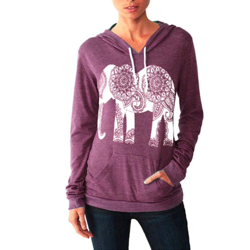 PRIMODA Women's Elephant Print Hoodie - Long Sleeve Pullover Sweatshirt with Pocket | Casual Streetwear for Fall & Winter | Perfect for Daily Wear, Gym, and Outdoor Activities