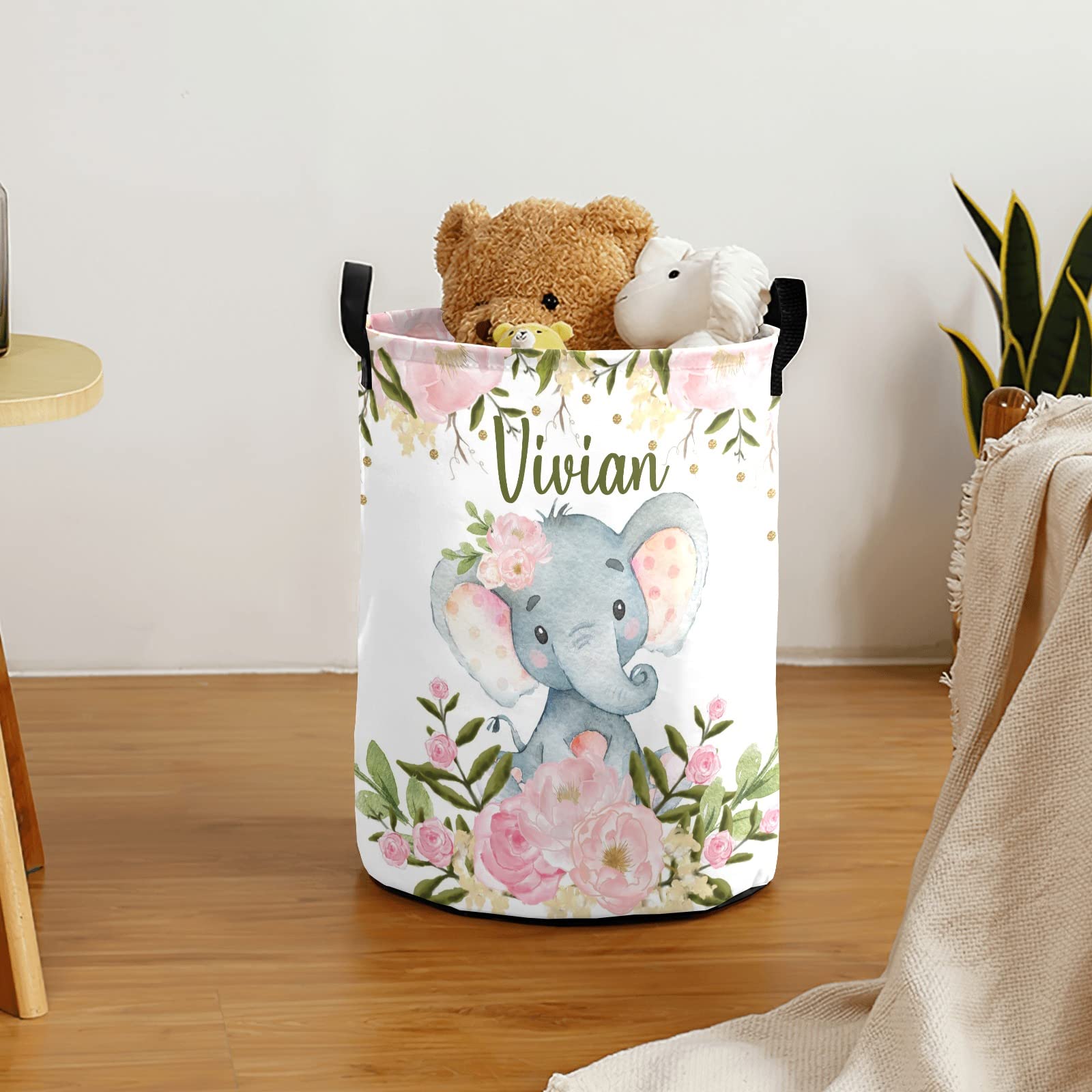 Personalized Floral Elephant Laundry Hamper with Handle - Custom Name Storage Basket for Clothes & Toys | Perfect for Bathroom, Bedroom, Nursery & Kids Room Organization