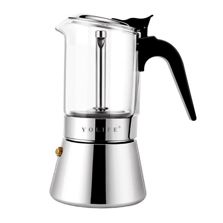 YOLIFE Premium Crystal Glass Stovetop Espresso Moka Pot - 4 Cup Stainless Steel Coffee Maker (160ml/5.4oz) for Italian Coffee Brewing at Home | Perfect for Camping, Gifts & Small Kitchens