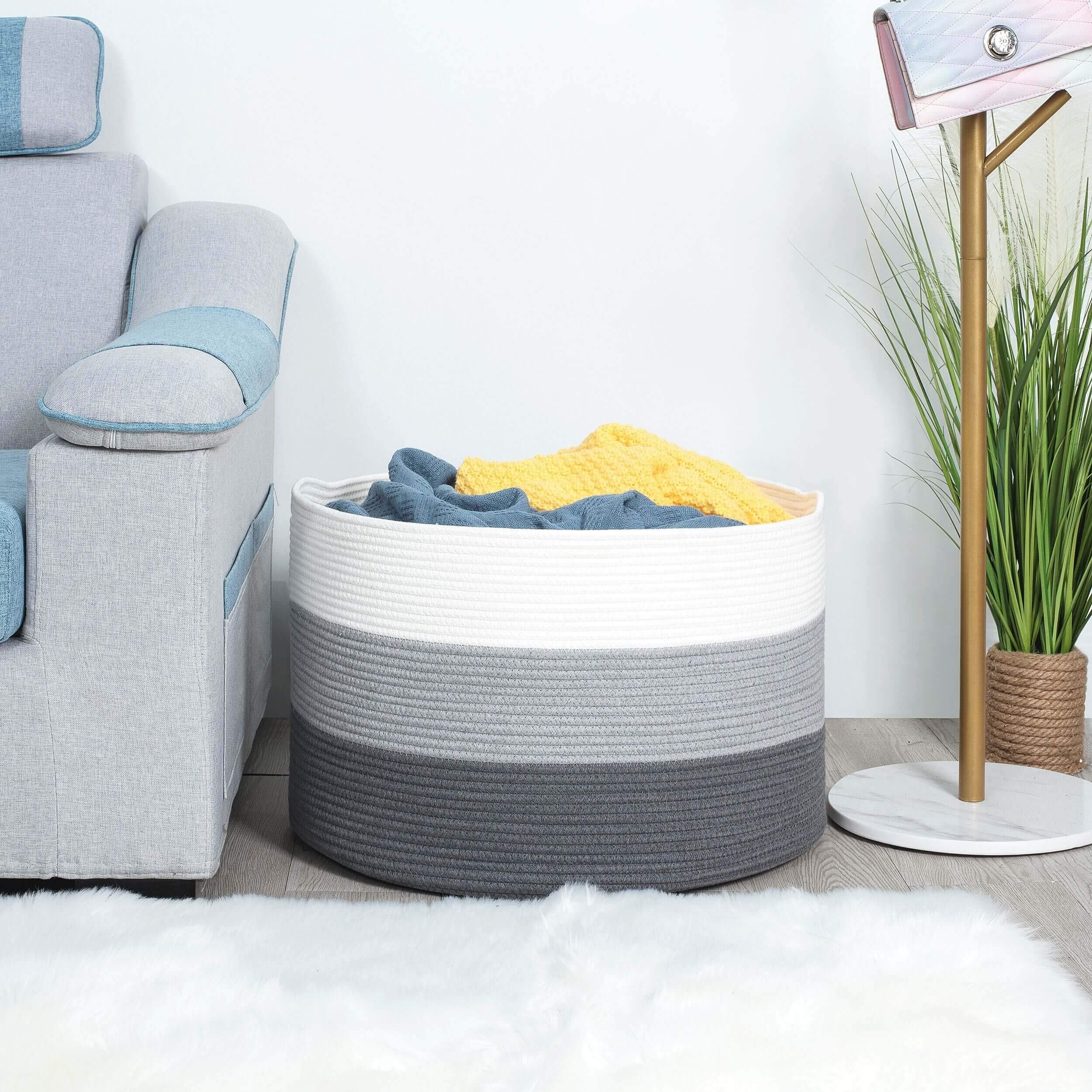 MINTWOOD Extra Large 22x14 Inch Woven Cotton Rope Storage Basket - Dark Gray 3-Tone Decorative Bin for Laundry, Blankets, Dog Toys & Towels | Perfect for Bedroom, Bathroom & Nursery Organization