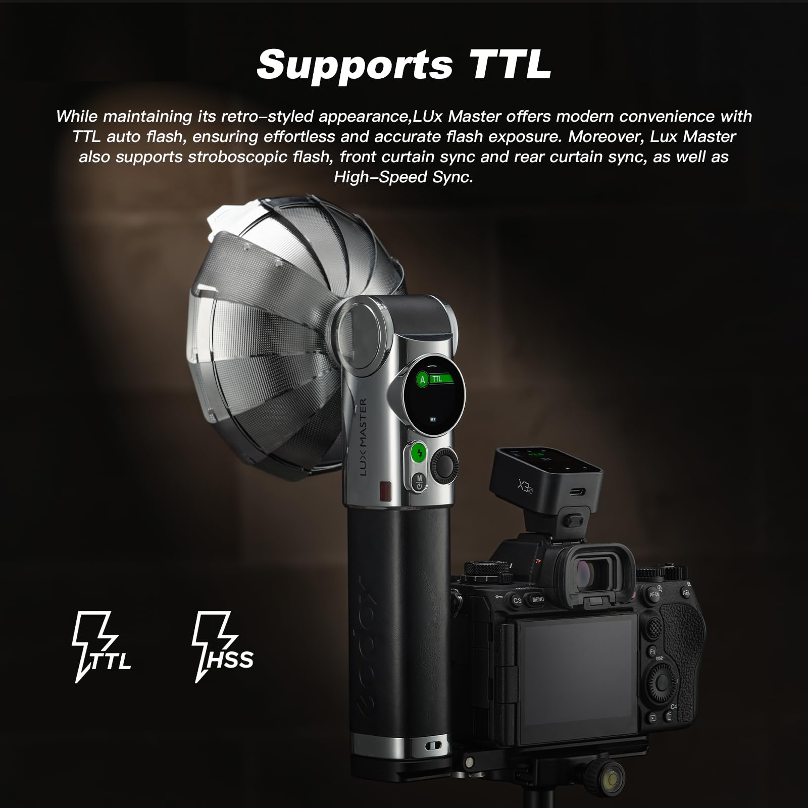 Godox Lux Master Retro Camera Flash 2.4G X Wireless GN25 HSS TTL 6000K with Touchscreen - Compatible with Canon, Nikon, Sony, Fuji DSLR Cameras - Includes 2900mAh Battery, Holder, Charging Cable & Storage Bag - Perfect for Portrait, Wedding, and Studio Photography