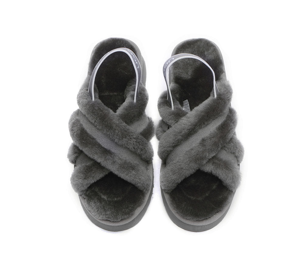 Australian Shepherd® UGG Women's Crossover Platform Fluffy Slides - Aditi | Cozy House Slippers for Women, Warm Winter Indoor/Outdoor Fuzzy Slides with Non-Slip Sole