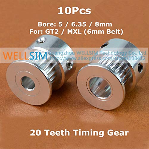 10Pcs GT2 Pulley 20 Tooth Aluminum Timing Gear for 3D Printer - 5mm/6.35mm/8mm Bore, 6mm Belt Width - Perfect for DIY 3D Printer Repairs & Upgrades