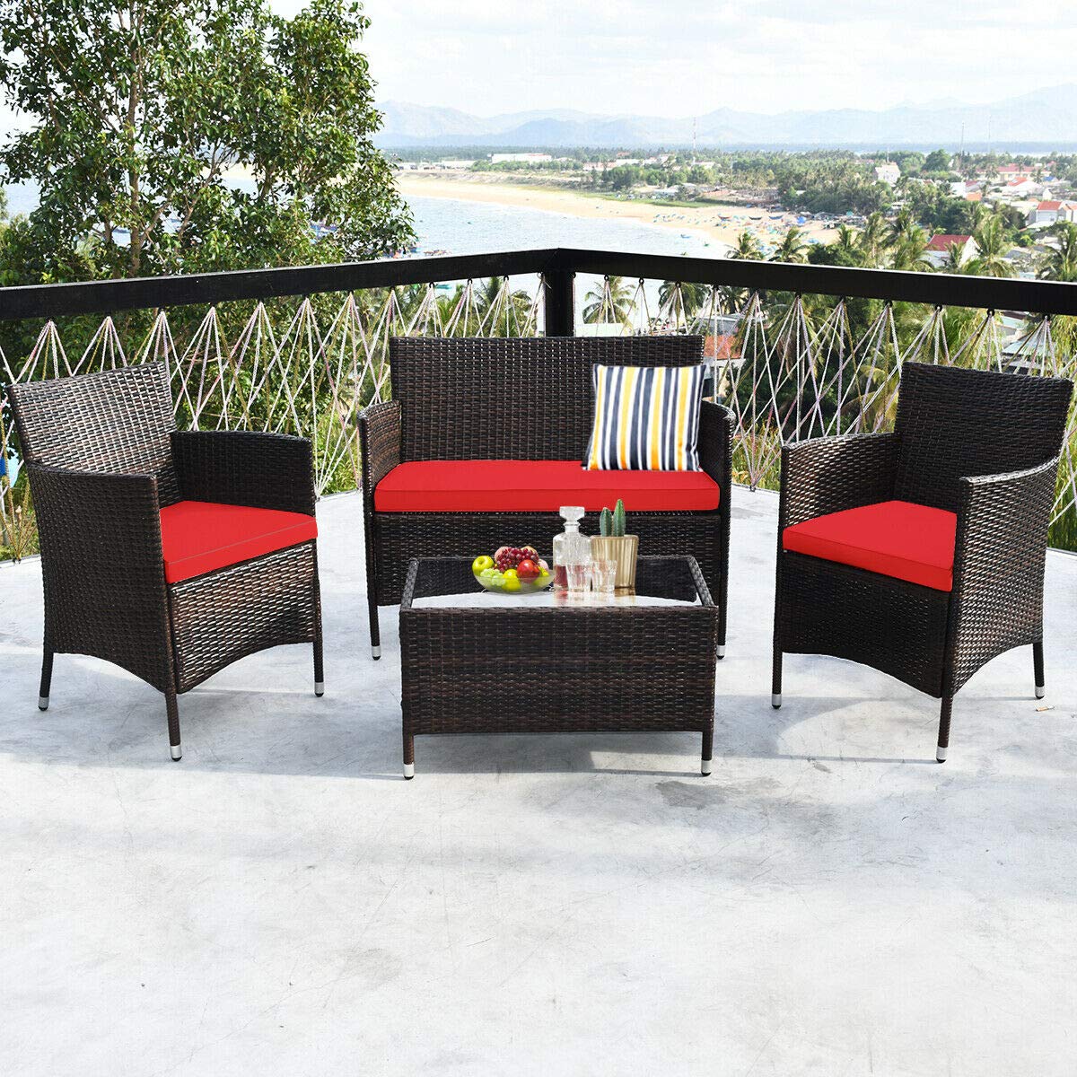 HappyGrill 4-Piece Outdoor Patio Furniture Set - Rattan Wicker Conversation Set with Cushioned Sofa & Coffee Table - Perfect for Porch, Backyard, Garden, Poolside & Outdoor Entertaining