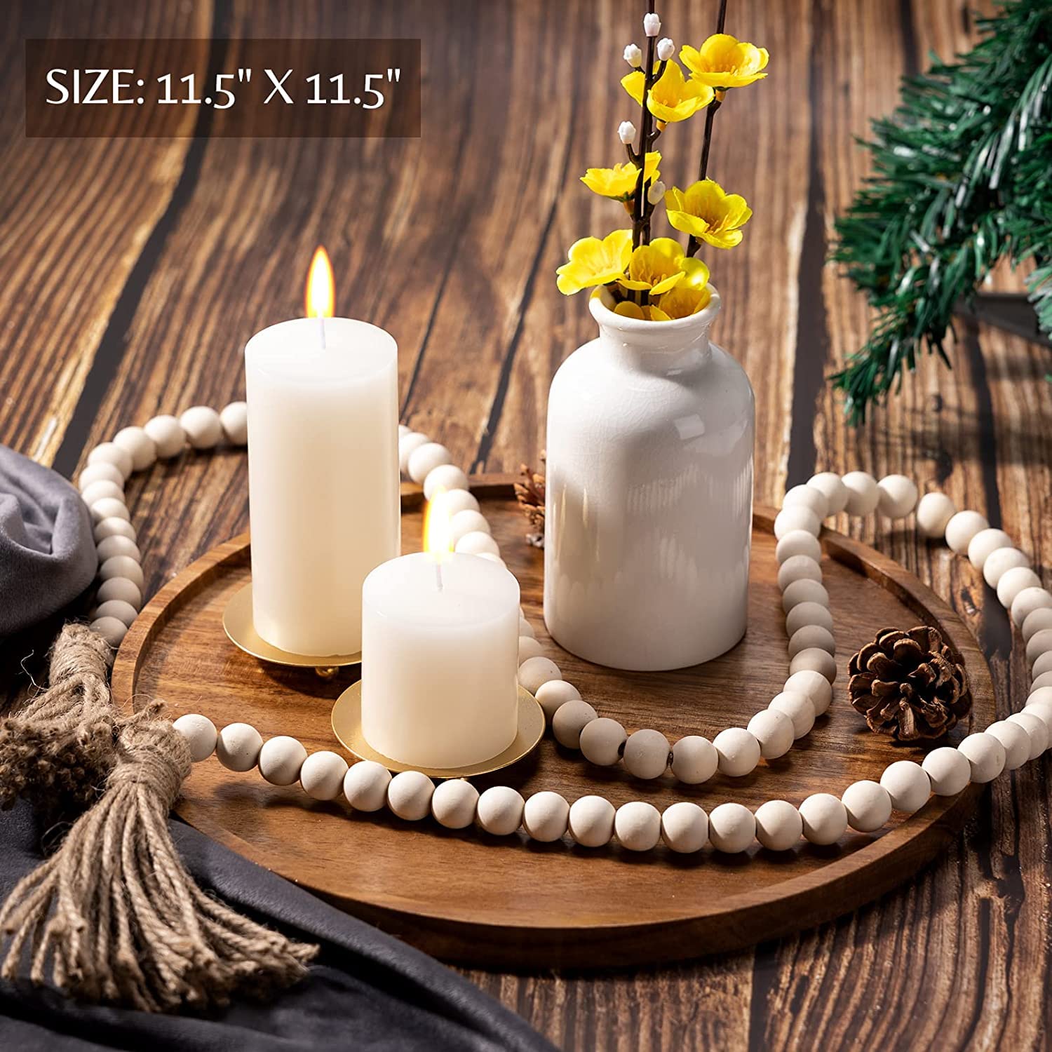 ETHOWEDEN 11x11 Inch Round Wooden Tray - Decorative Serving Tray for Kitchen, Dining Table, Coffee Table & Home Decor - Perfect for Candles, Jewelry Display, Centerpiece & Gift Wrapping - Rustic Farmhouse Style Decorative Accent