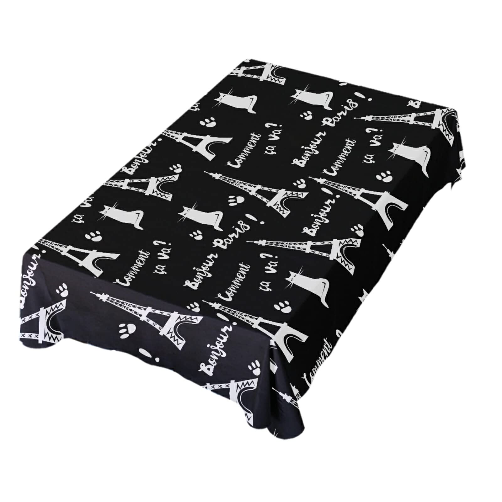 Eiffel Tower Cat & French Black White Paw Print Square Tablecloth - 54 Inch Polyester Party Table Decor for Dining, Kitchen, and Special Events