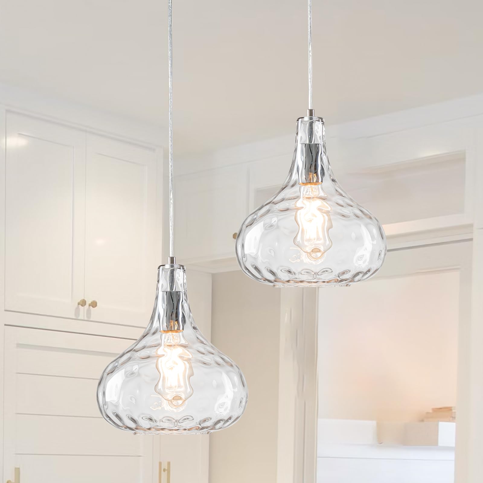 Hammered Clear Glass Pendant Light - Adjustable Ceiling Fixture for Kitchen, Dining Room & Living Room (2-Pack) | Modern Lighting for Home Decor & Commercial Spaces