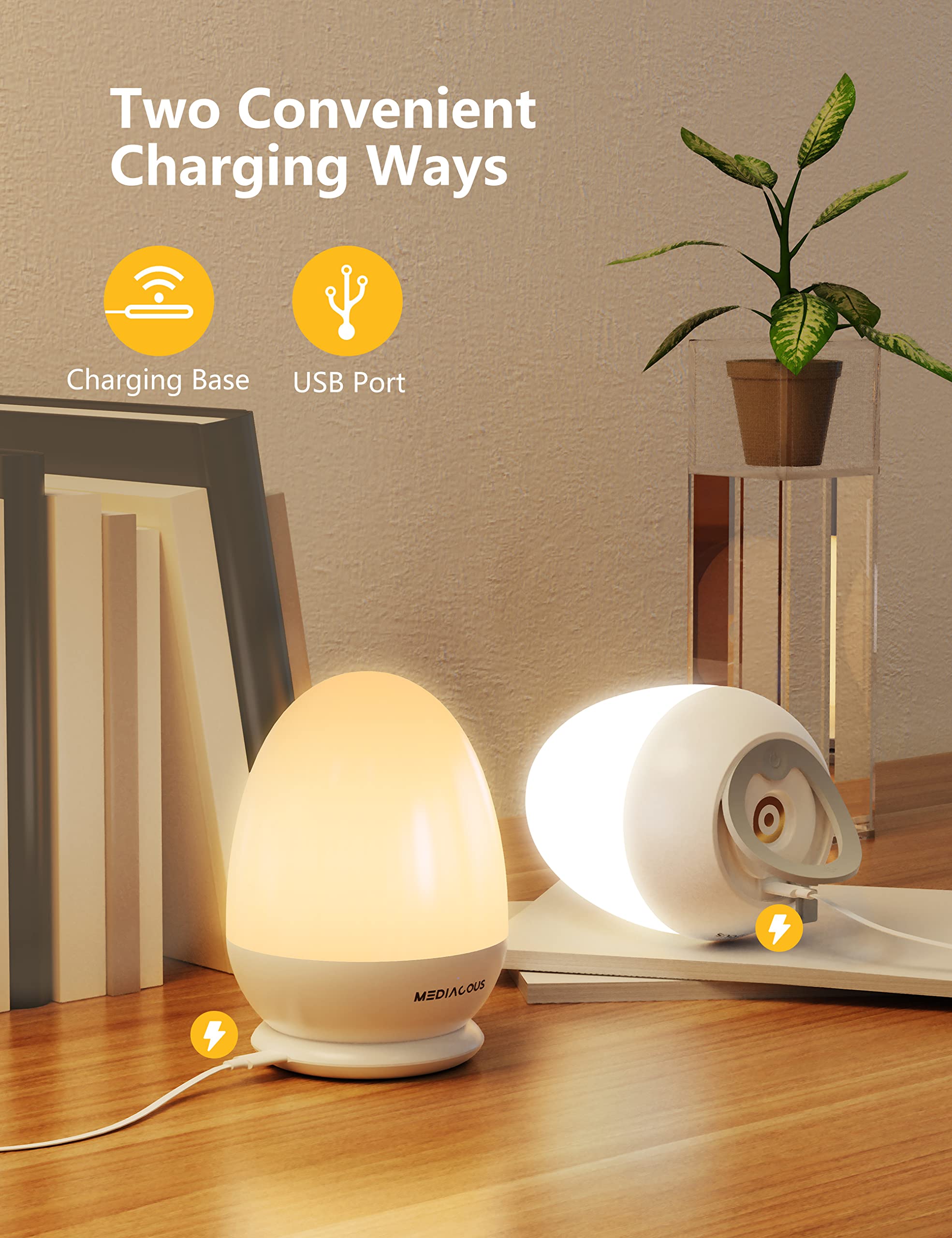 MediAcous Dimmable Night Light for Kids Room - Baby Night Lamp with Stable Charging Pad, 1H Timer & Touch Control, ABS+PC LED Egg Light - Perfect for Breastfeeding, Nursery, Bedtime & Nighttime Feedings - Lasts Up to 200 Hours