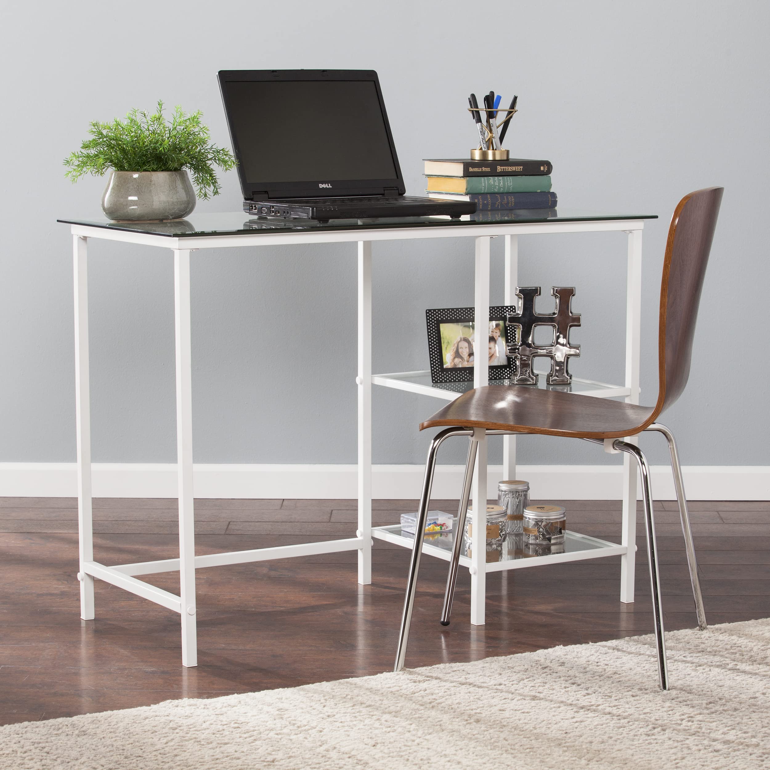 SEI Furniture Layton Metal and Glass Student Desk - White Study Desk for Home Office, Dorm Room, or Small Spaces