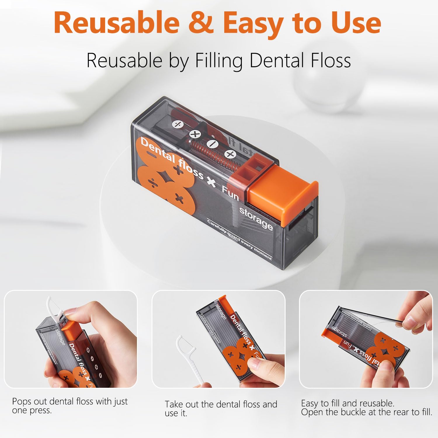 Portable Dental Floss Dispenser with 65 Picks - Includes 10 Orange Flossers & 55 Extra Refills | Travel-Friendly Teeth Cleaning Kit for Home, Office & On-The-Go Oral Care