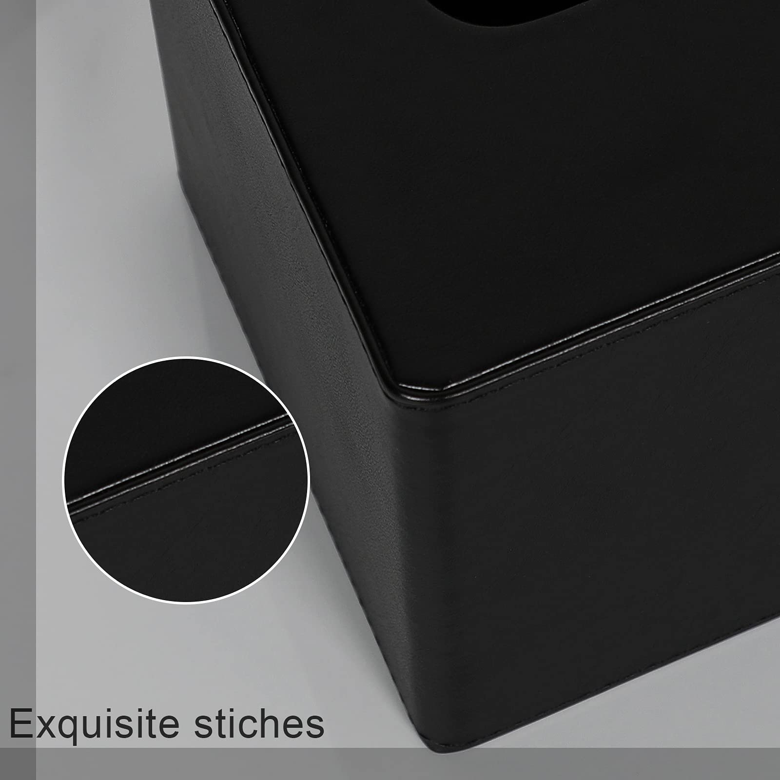 Square PU Leather Tissue Box Cover - Black Decorative Holder for Facial Tissues | Dresser & Bathroom Organizer | Perfect for Home, Office & Hotel Decor
