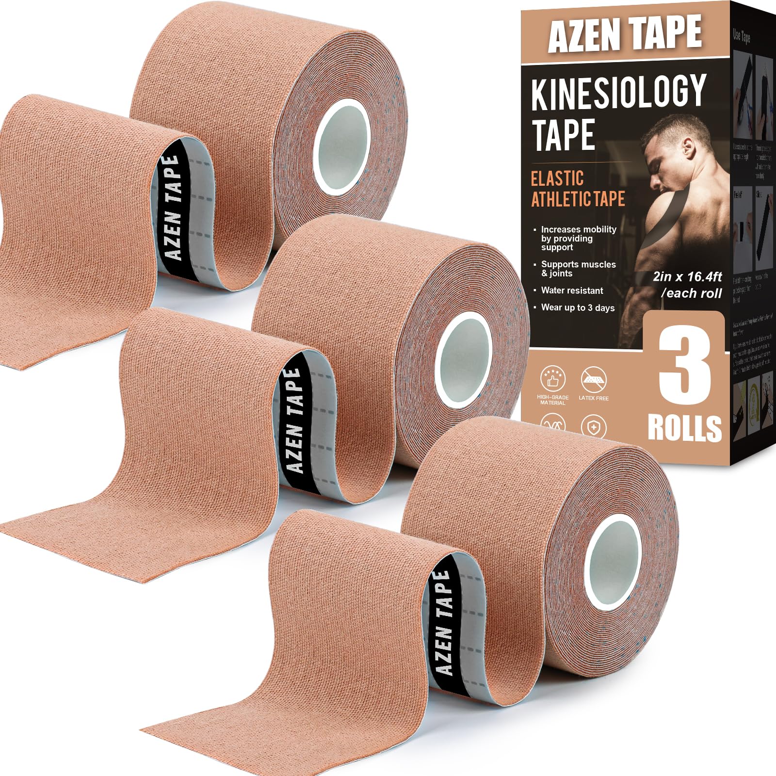 3 Rolls Kinesiology Tape - 16.4 ft Waterproof Athletic Tape for Joint Support & Muscle Pain Relief | Uncut Muscle Tape for Knee, Back & Shoulder | Ideal for Sports, Workout Recovery & Physical Therapy
