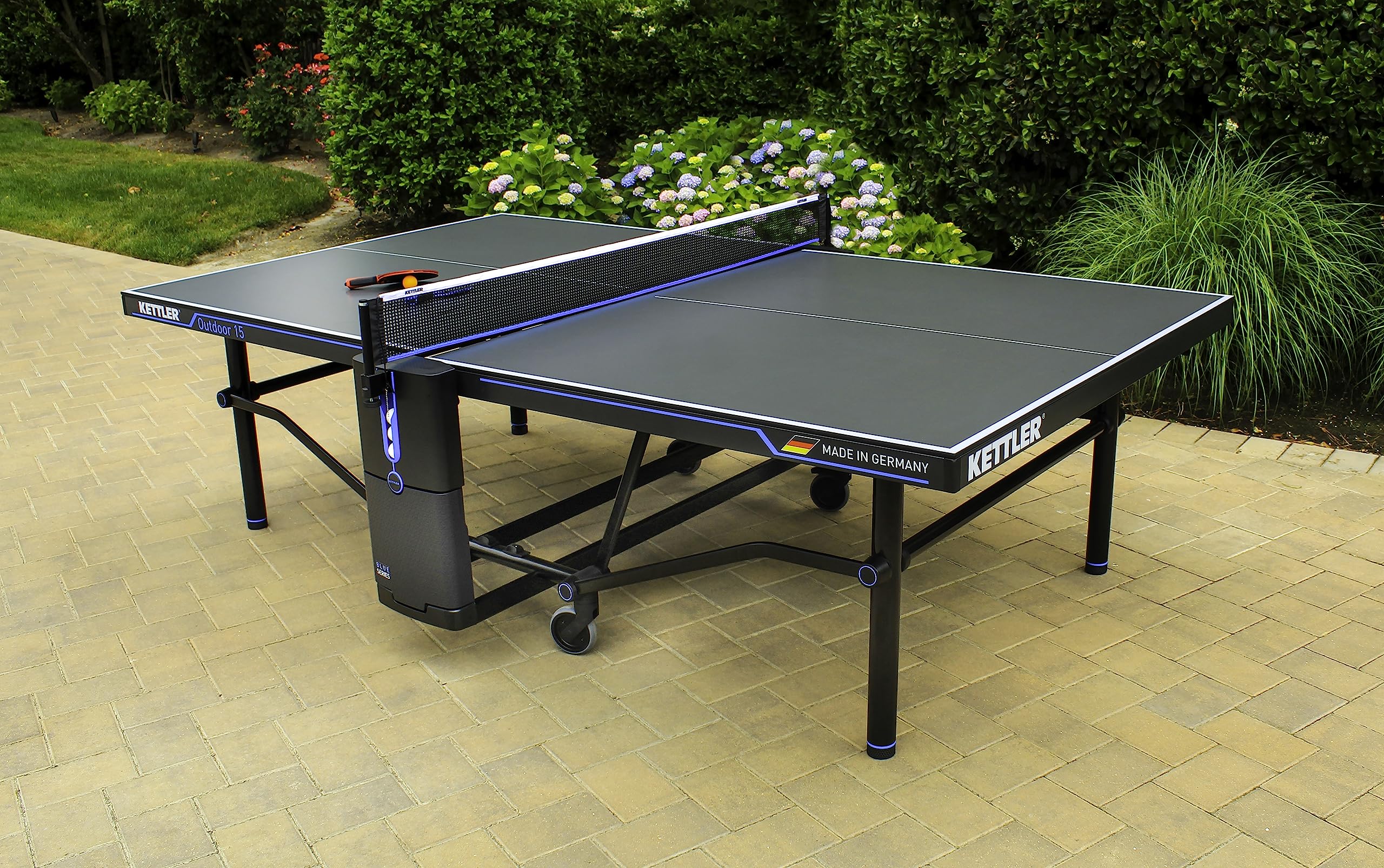 KETTLER Outdoor 15 Table Tennis Table with 4-Player Bundle - Premium Ping Pong Table for Backyard, Patio & Game Room Fun