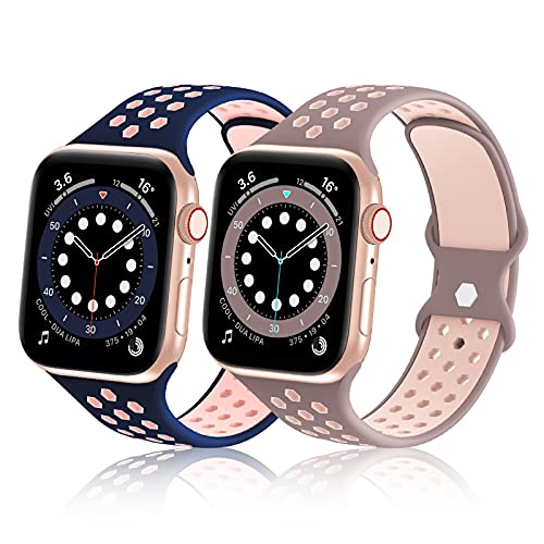 2 Pack Sport Bands for Apple Watch 38mm 40mm 41mm 42mm 44mm 45mm - Soft Silicone Double Color Air Holes Strap Compatible with iWatch Series SE 7/6/5/4/3/2/1 for Women & Men - Perfect for Running, Gym Workouts and Daily Wear