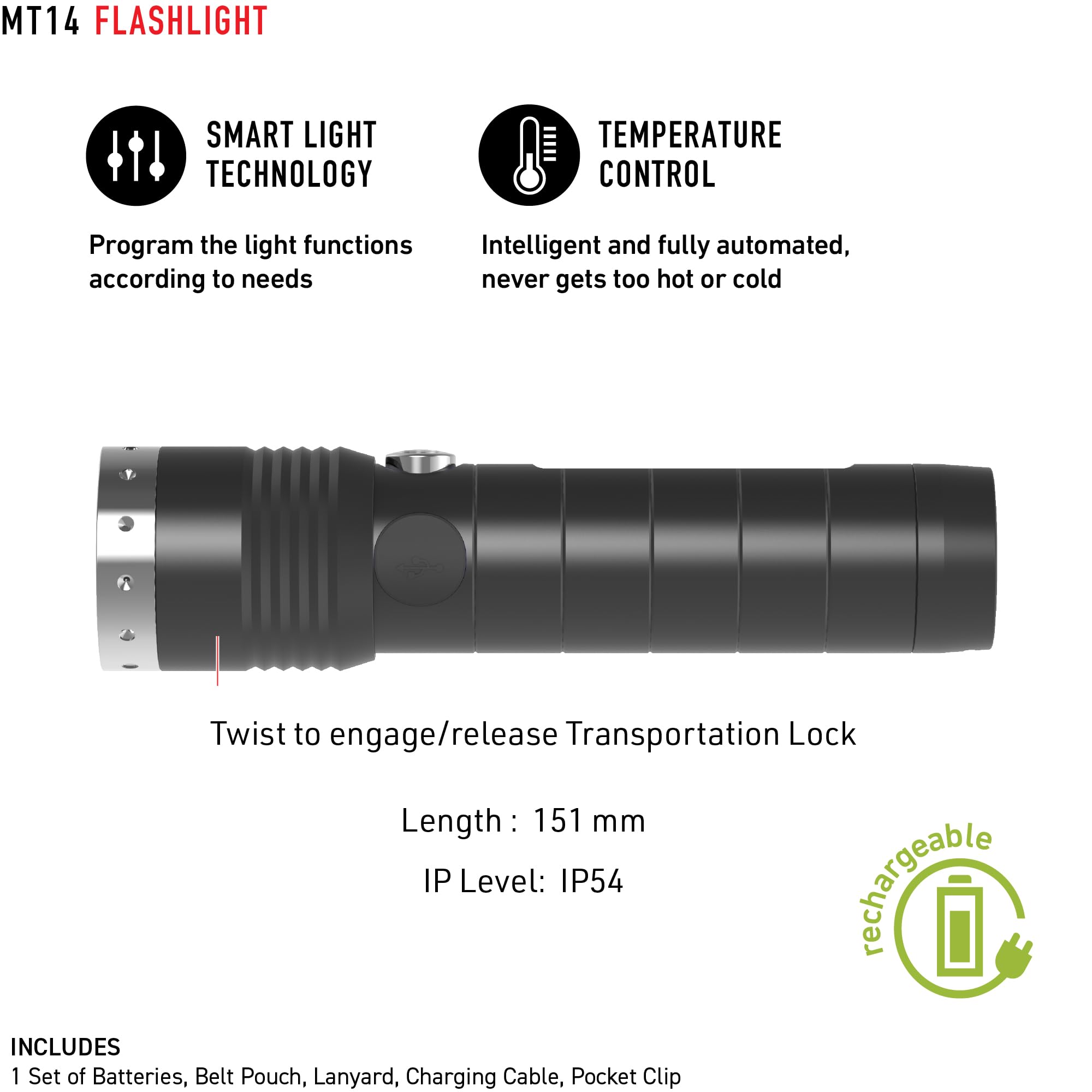 Ledlenser MT14 Rechargeable Flashlight - 1000 Lumens High Power LED, Adjustable Focus System, Waterproof for Camping, Hiking & Emergency Use