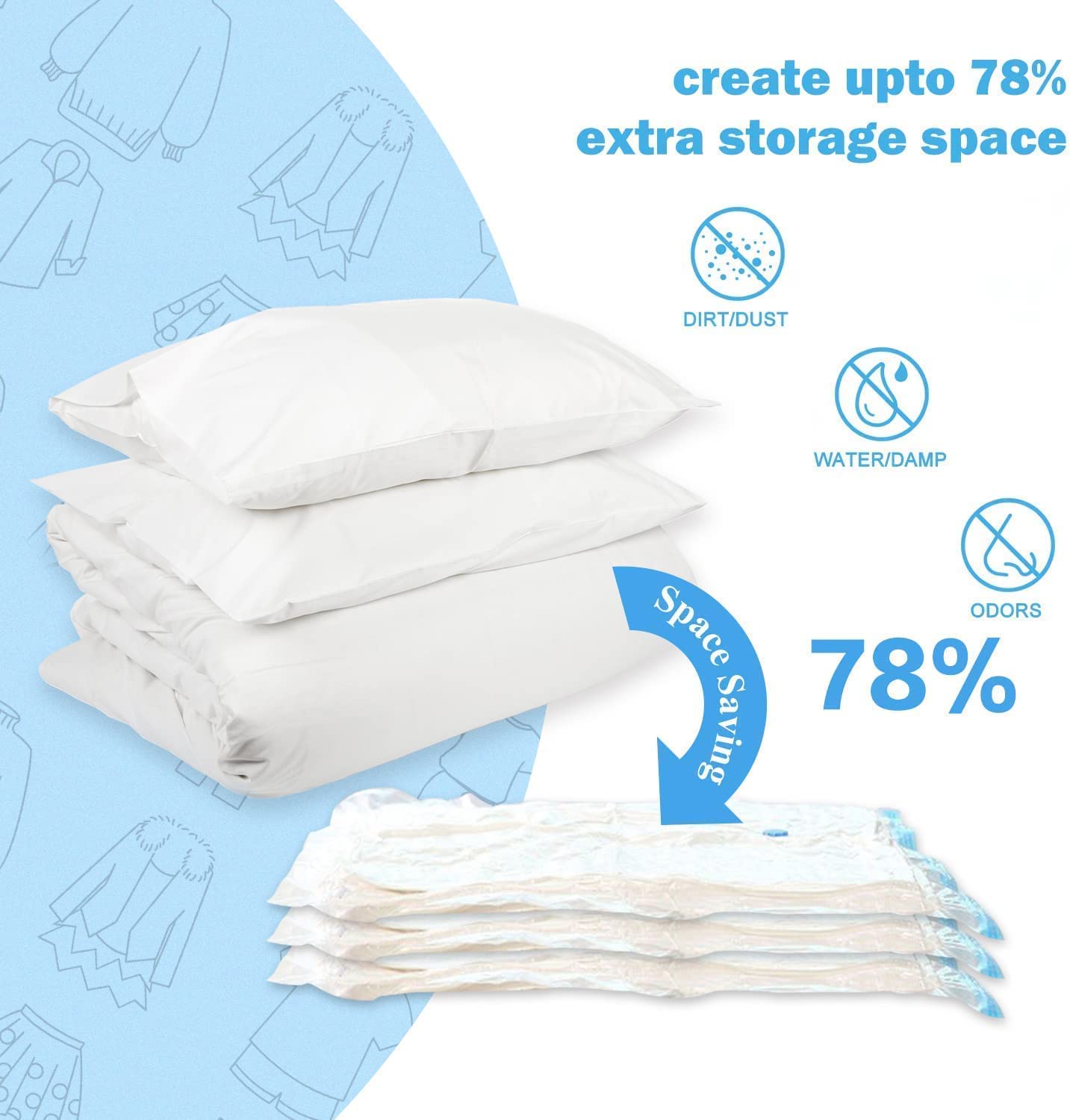 Vacuum Storage Bags with Hand Pump - Space Saving Clothes Organizer for Duvets, Pillows, Bedding & Travel (2 Jumbo + 2 Large + 2 Medium Bags) | Perfect for Seasonal Clothes Storage & Suitcase Packing