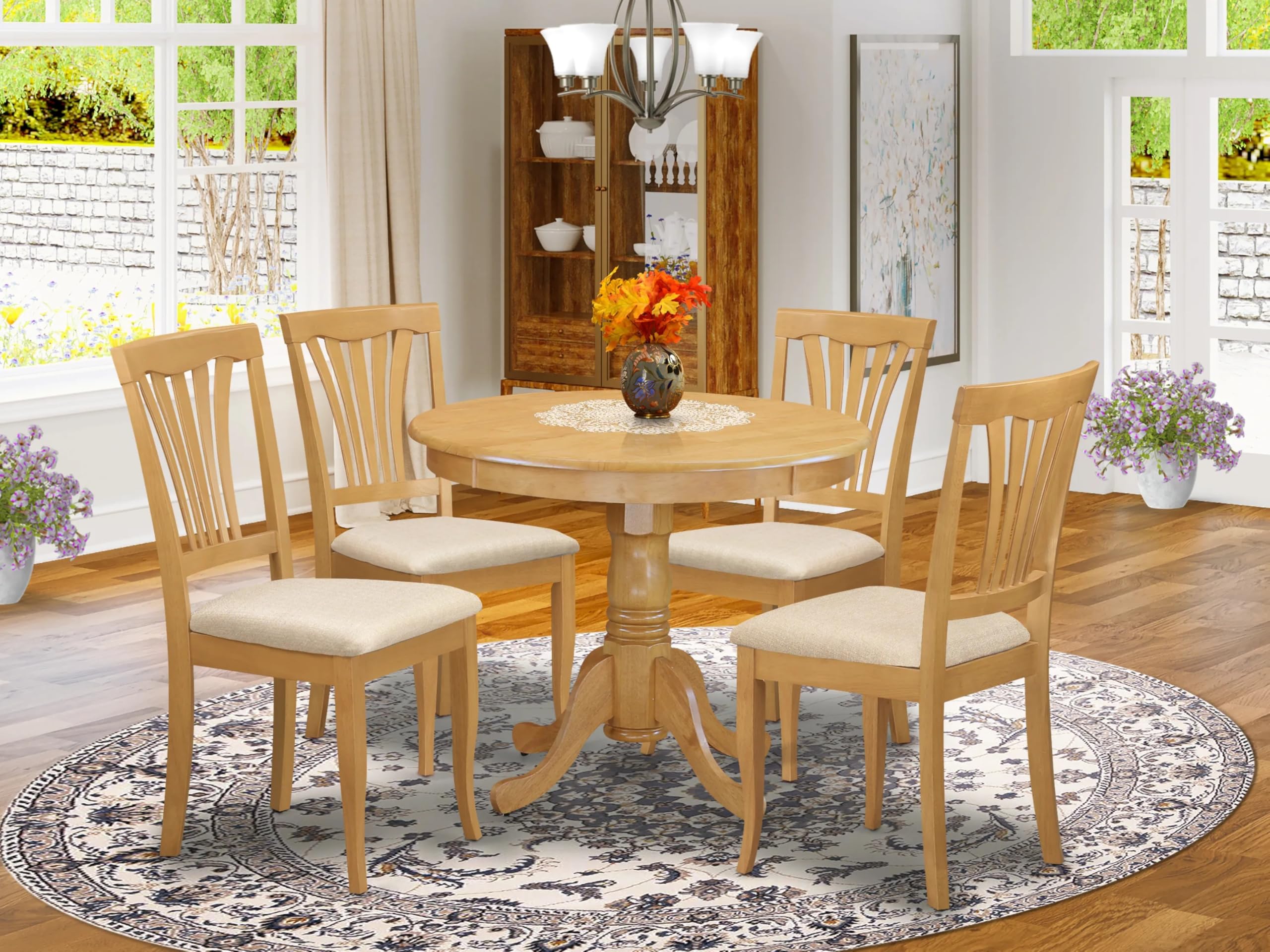 East West Furniture ANAV5-OAK-C 5-Piece Oak Kitchen Table Set with Round Pedestal Dining Table & 4 Linen Fabric Chairs, 36x36 Inch - Perfect for Small Dining Rooms, Breakfast Nooks, and Cozy Family Meals