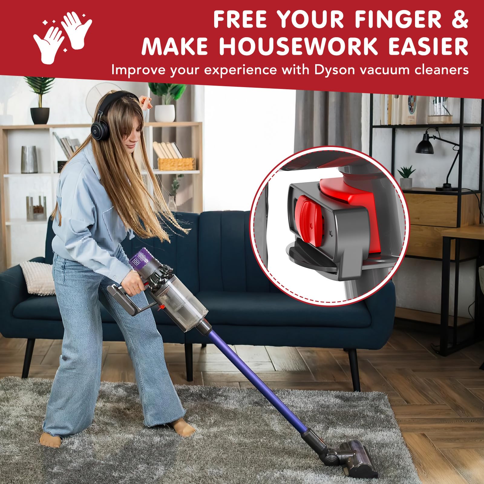 Dyson V6 V7 V8 V10 V11 V15 Vacuum Cleaner Power Button On/Off Control Clamp - Trigger Lock Attachment for Absolute/Motorhead Series (Gray Red) - Perfect for Hands-Free Cleaning and Extended Vacuum Use