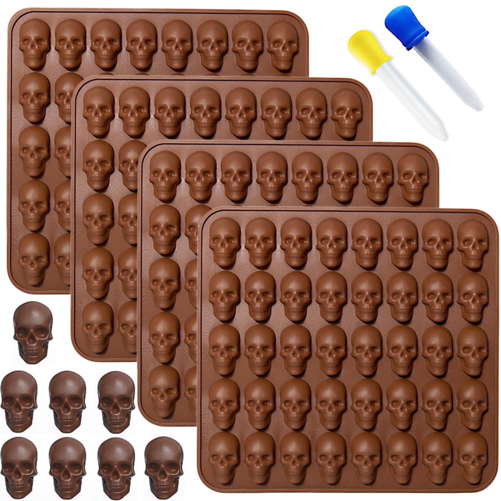 4 Pack Skull Silicone Molds - 200 Cavities Halloween Chocolate Candy Molds for Baking, Fondant, Ice Cubes & Dog Treats - Perfect for Cupcakes, Halloween Party Decorations & DIY Treats (Brown)