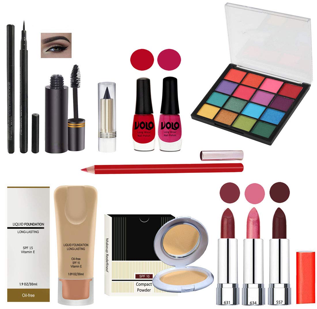 G4U Complete 12-Piece All-in-One Makeup Kit for Women - Includes 3 Lipsticks, Eyeliner, Mascara, Kajal, 2 Nail Polishes, 16-Color Eyeshadow Palette, Foundation, Compact Powder & Lipliner | Perfect for Travel, Bridal Makeup & Everyday Beauty Looks