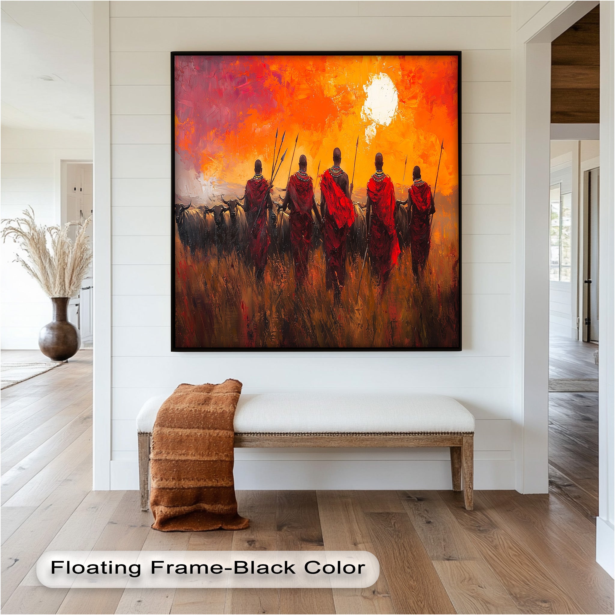 African Warrior Sunset Tribal Culture Oil Painting - Handmade Wall Art for Living Room, Bedroom & Office Decor