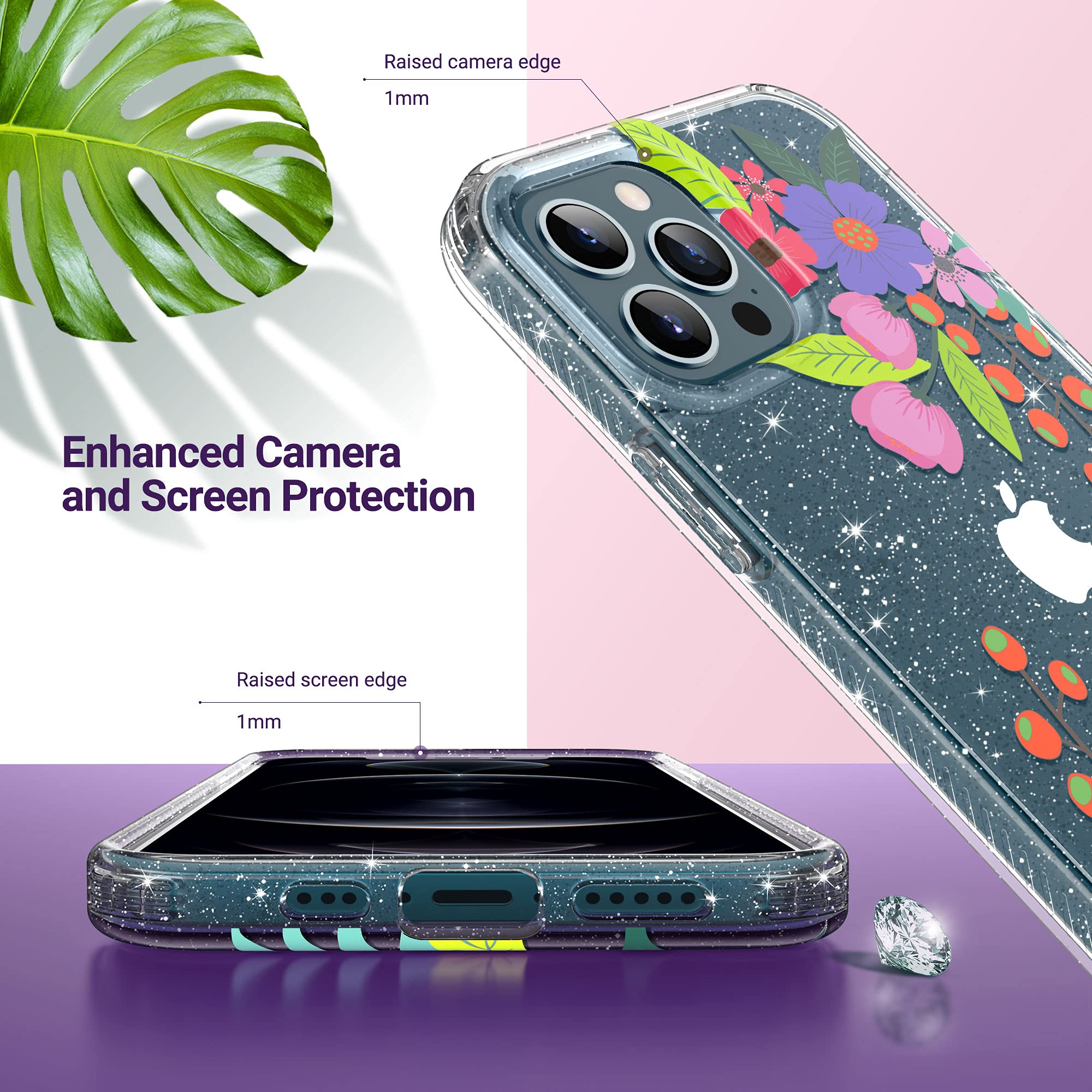 ULAK Glitter Flower iPhone 12 Pro Max Case 6.7 Inch - Sparkly Soft TPU Bumper Protective Cover for Women & Girls | Perfect for Everyday Use, Parties & Gift Giving