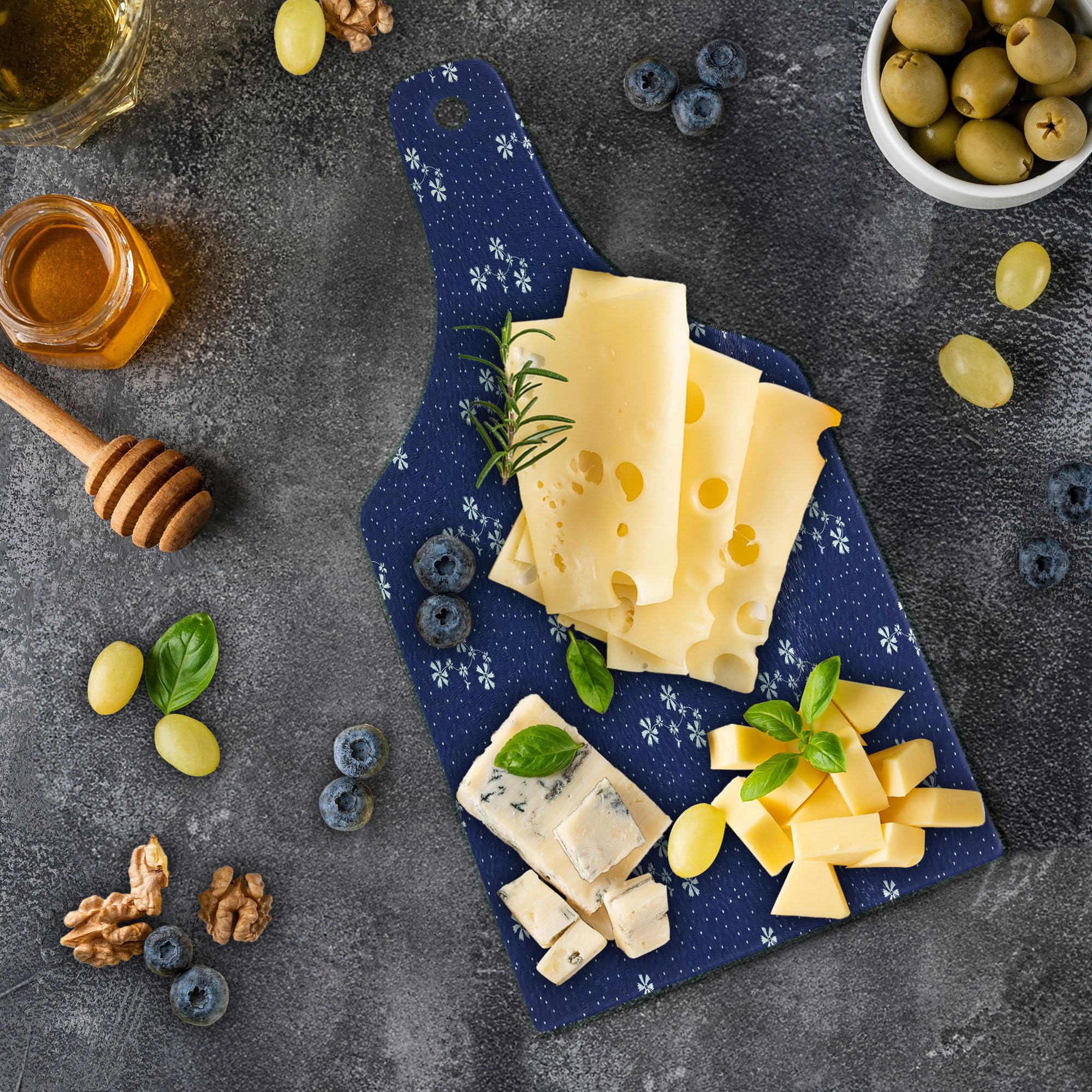 Ambesonne Navy Blue Floral Pattern Tempered Glass Cutting Board - Decorative Serving Board with Dots and Flowers, Wine Bottle Shape, Navy and White - Perfect for Kitchen, Charcuterie, Cheese Platters, and Party Serving